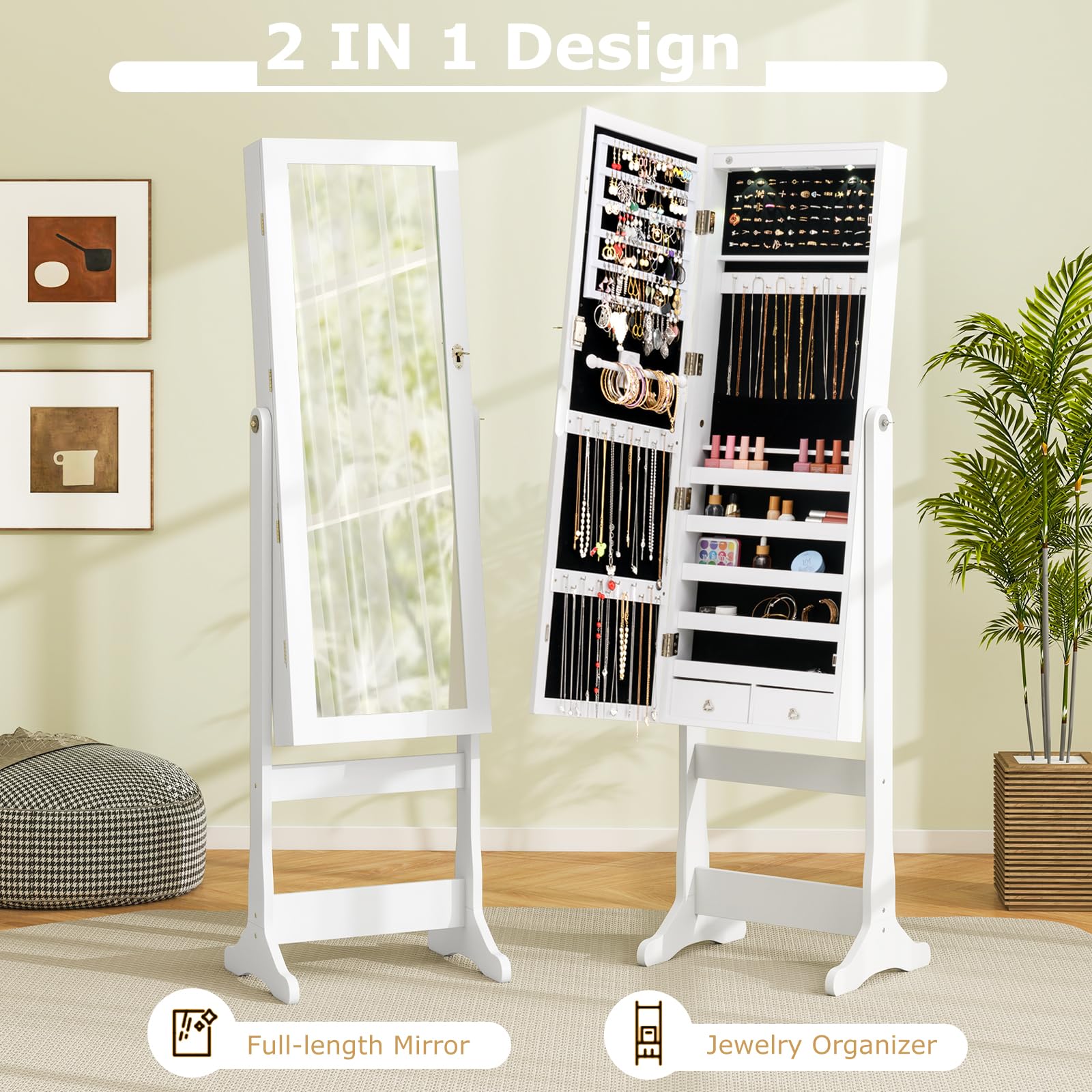 LOKO Freestanding Jewelry Armoire Cabinet, Lockable Jewelry Organizer with Full-length Mirror, Inner LED Lights, 4 Adjustable Tilt Angles, Anti-toppling Device, for Girls Women (White)