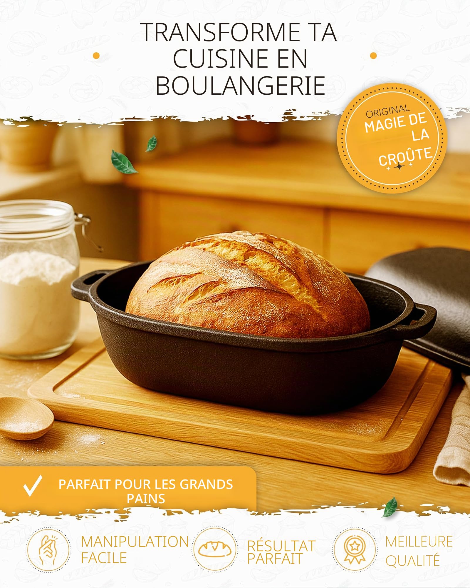 KRUSTENZAUBER Moule à pain en fonte de 40 cm avec couvercle et panier de fermentation – Robuste en fonte – Idéal pour le pain fait maison, casserole en fonte, pot en fonte, pot en fonte