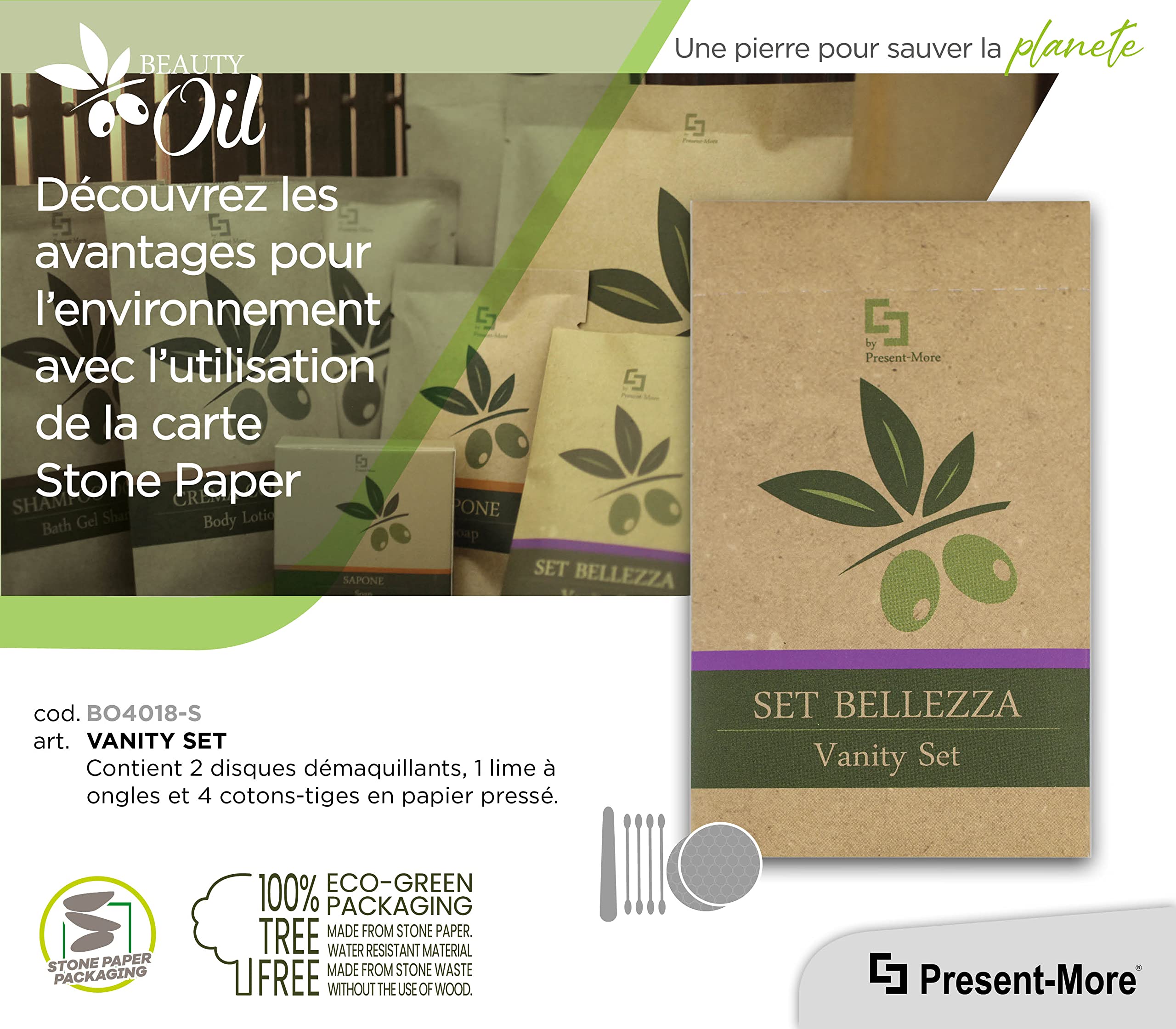 PRESENT-MORE - Vanity Set 100 Pièces - Ligne Beauty Oil - Kit Disques Démaquillants, Lime à Ongles et Cotons-Tiges - Emballage Écologique en Stone Paper - Idéal pour Hôtels et B&B