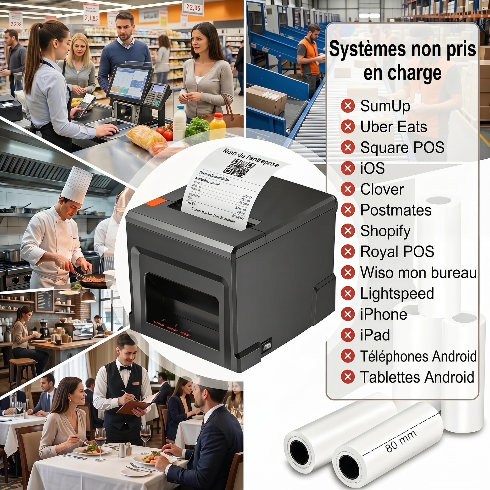 Imprimante de Reçus POS 80mm Bluetooth, Imprimante Thermique USB, Compatible avec Windows/Mac, Idéale pour la Restauration et Le Commerce de Détail