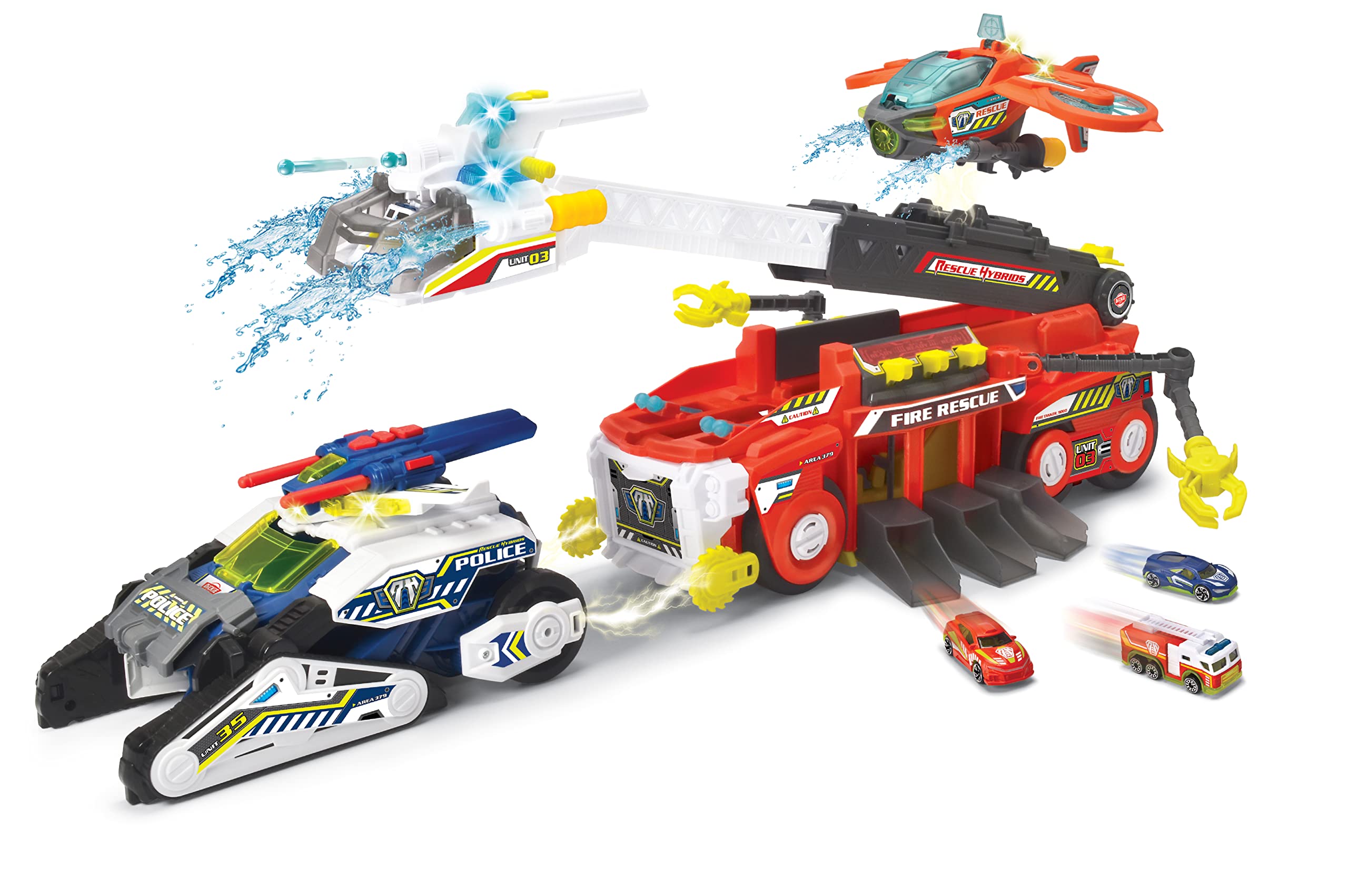 Dickie Toys Rescue Hybrids wóz strażacki duży (55 cm) – hybrydowy wóz strażacki dla dzieci z funkcją rozpylania wody, wysuwana drabina, światło i dźwięk + 2 małe pojazdy, cysterna strażacka