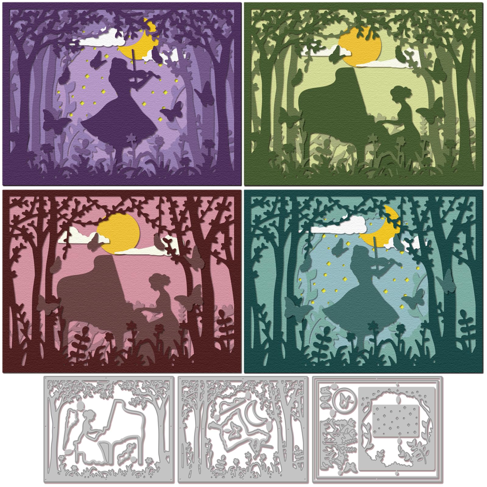 GLOBLELAND Layered Forest Piano Lady Frame Cutting Dies for DIY Scrapbooking Metal Music Wowen Background Cut Dies Flowers Butterflies Die Cuts for Card Making Embossing Photo Album Craft Decor