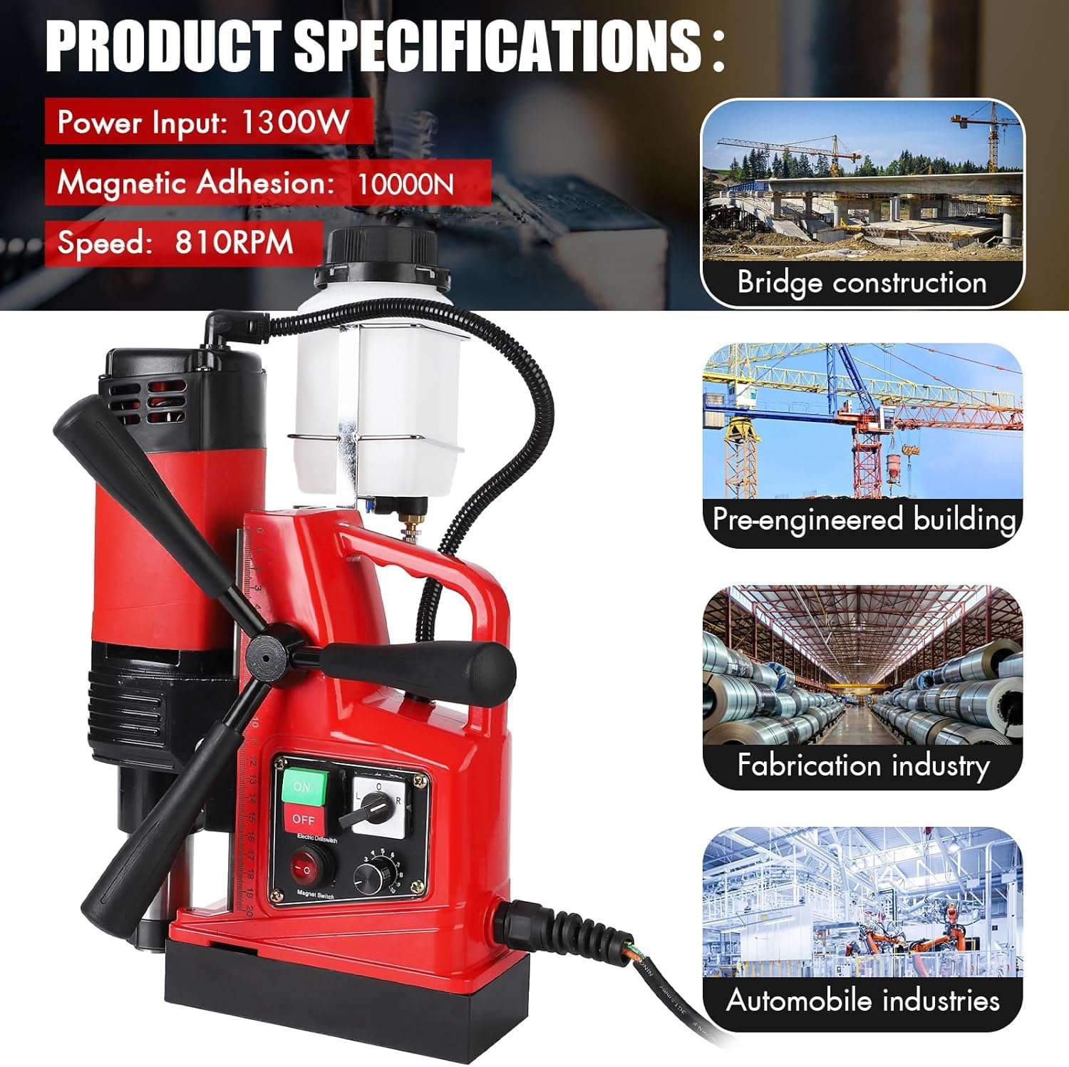 Taladro magnético portátil, 1300 W, 810 RPM, taladro de 1.6 pulgadas, doble pista para mejoras industriales y del hogar