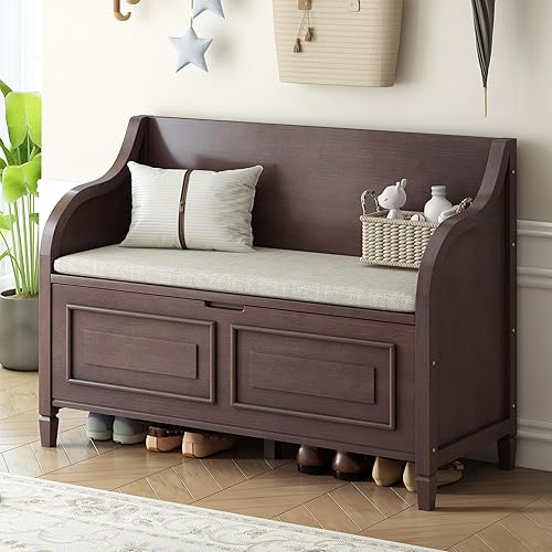 Bellemave Storage Bench with Safety Hinge Wooden Entryway Benches with Shoe Cabinets Under Seat Multifunctional Storage Bench for Entryway, Foyer or