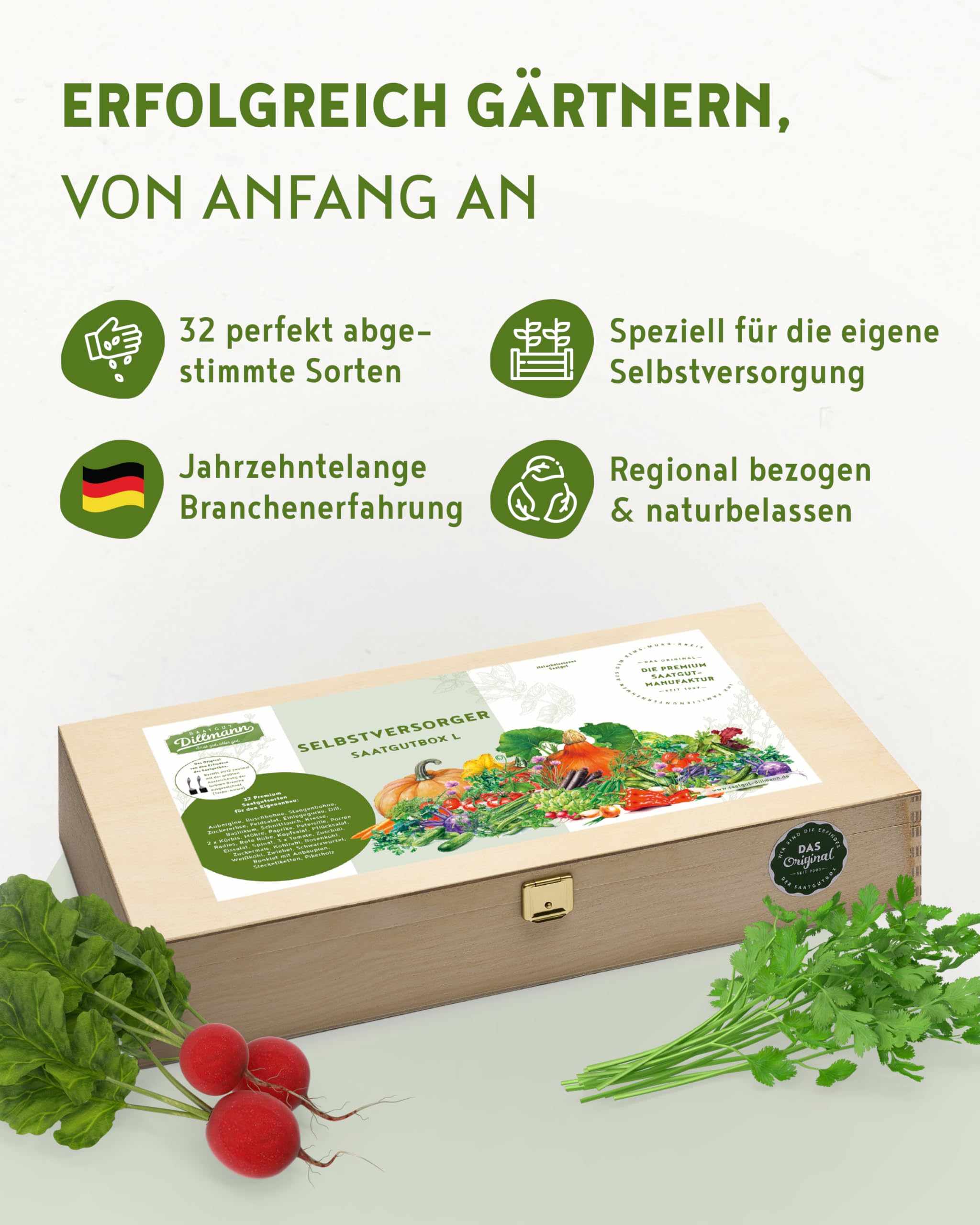 Selbstversorger Saatgut Box L – 32 Sämereien | Einzeln in Keimschutztüten verpackt, Holzbox inkl. Pikierholz, Etiketten & Anbauplan