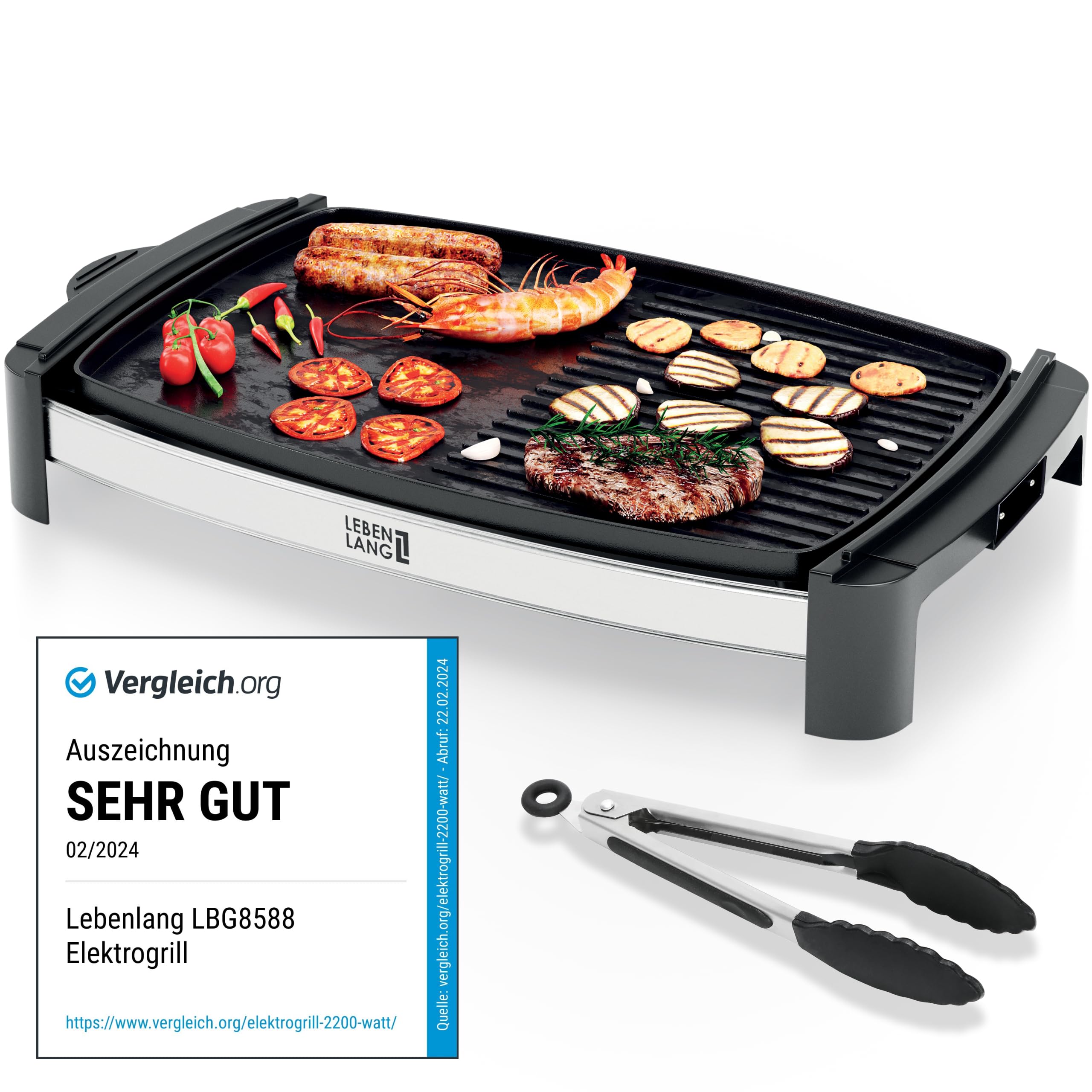 LEBENLANG Tischgrill Elektrisch 2000W - Inkl. Grillzange I 45x30cm I Plancha Elektrogrill für Balkon Innen & Außen I Elektrischer Teppanyaki Balkongrill Grill Elektrische Grillplatte Elektrogrills