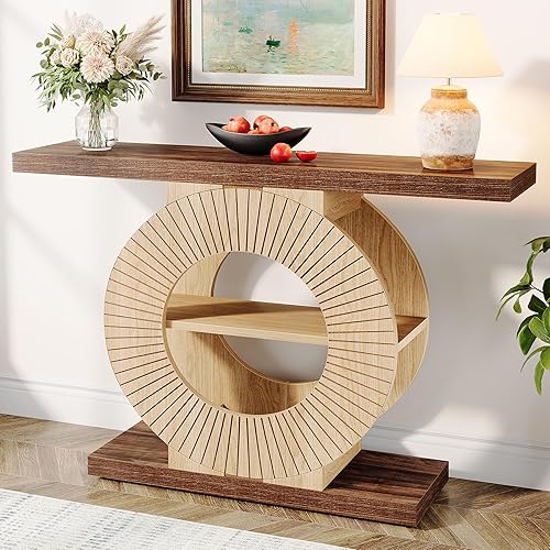 Miniatura 7 de Tribesigns Mesa consola con almacenamiento, mesa de sofá de entrada con estantes y base circular para sala de estar y pasillo