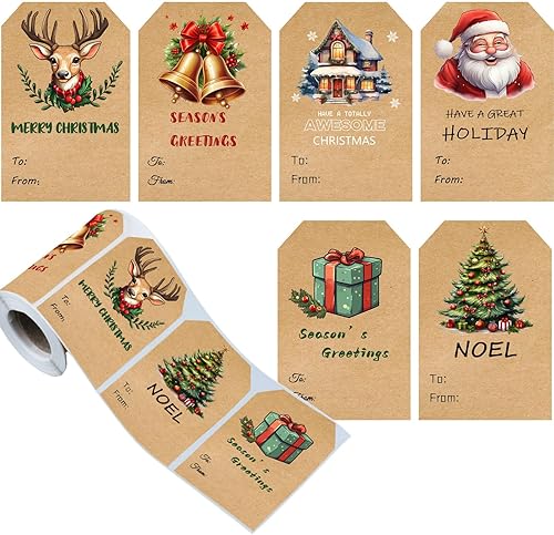 Etiquetas adhesivas de regalo de Navidad, etiquetas de regalo autoadhesivas, calcomanías decorativas de color kraft para regalos de vacaciones, 120