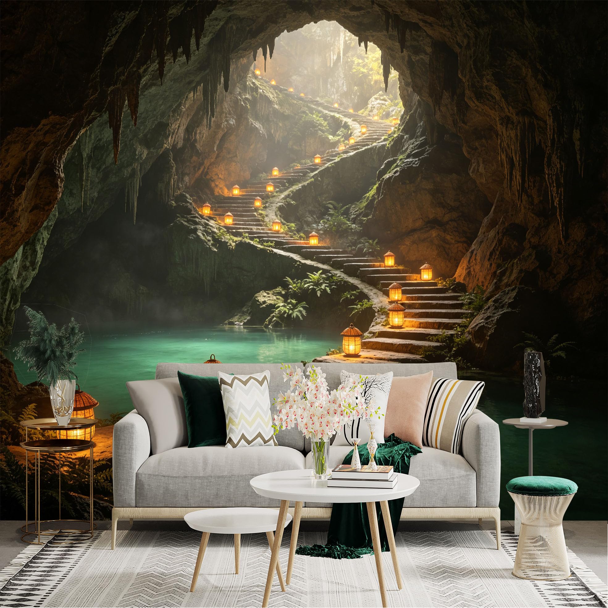 Custom Size Wall Sticker Mural， Mysterious Cave with Glowing Lanterns， Stone Stairs and Serene Underground Lake， for wall Decoration， peelandstick wall Decals.