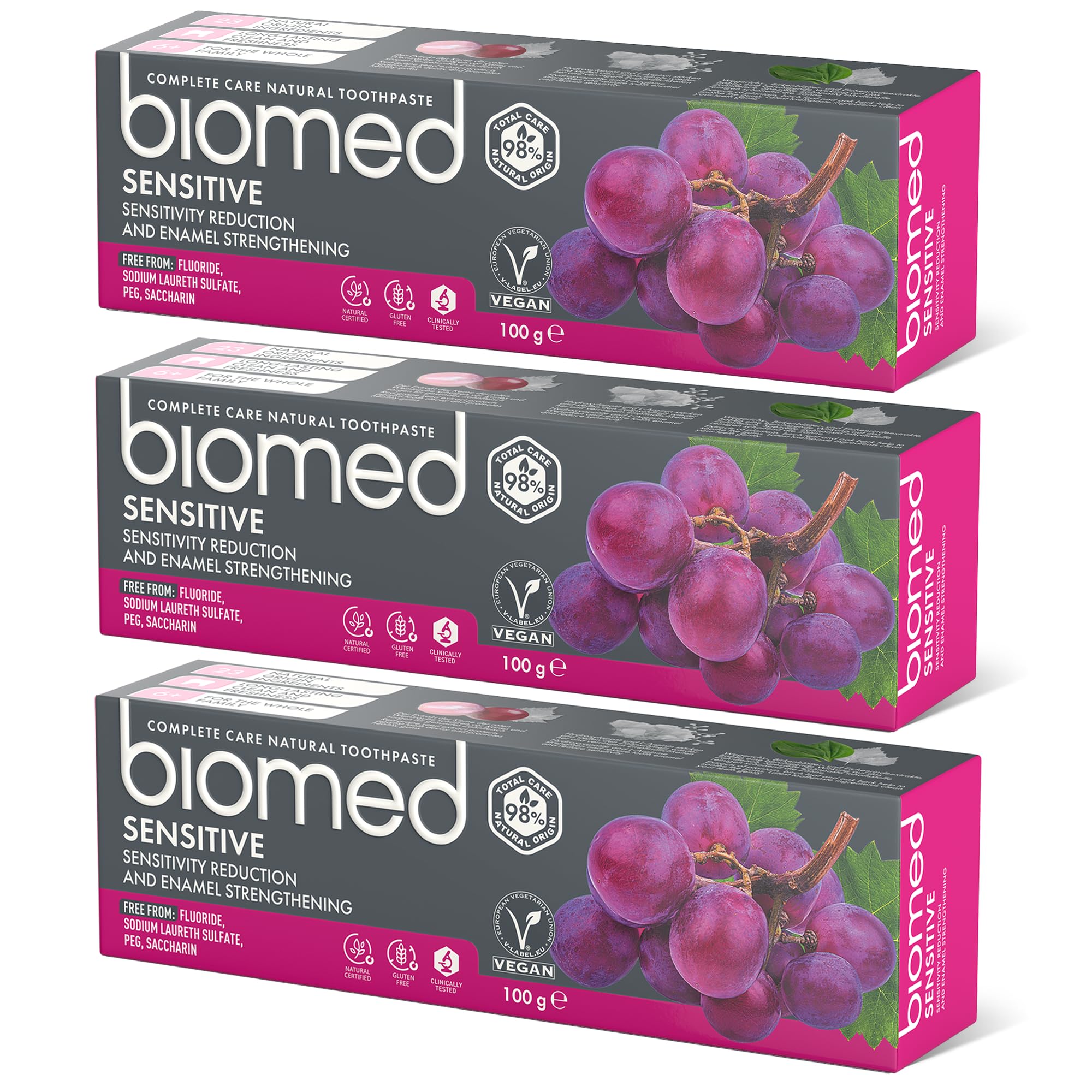 BIOMED – Sensitive Zahnpasta 3 x 100 g, stärkt den Zahnschmelz und reduziert die Empfindlichkeit, beruhigt das Zahnfleisch und schützt vor Karies, frei von Fluorid, SLS, PEG, Saccharin