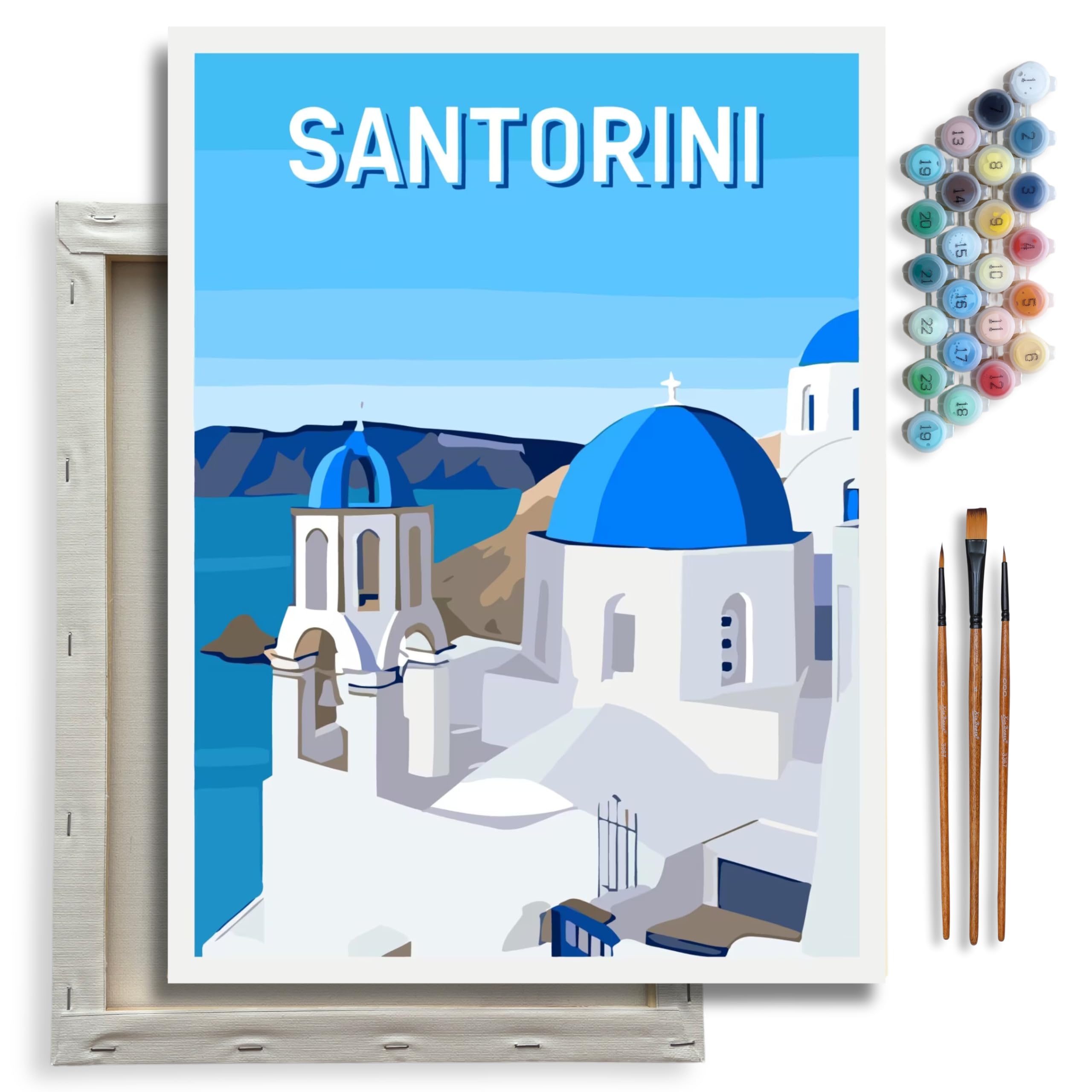 Kraftistry Framed Canvas Paint by Number for Adults Kids - DIY Paint by Numbers for Beginner, 12"x16" Painting Kits for Adults, 3 Paint Brushes, Acrylic Paint, Hooks Nails (Santorini)