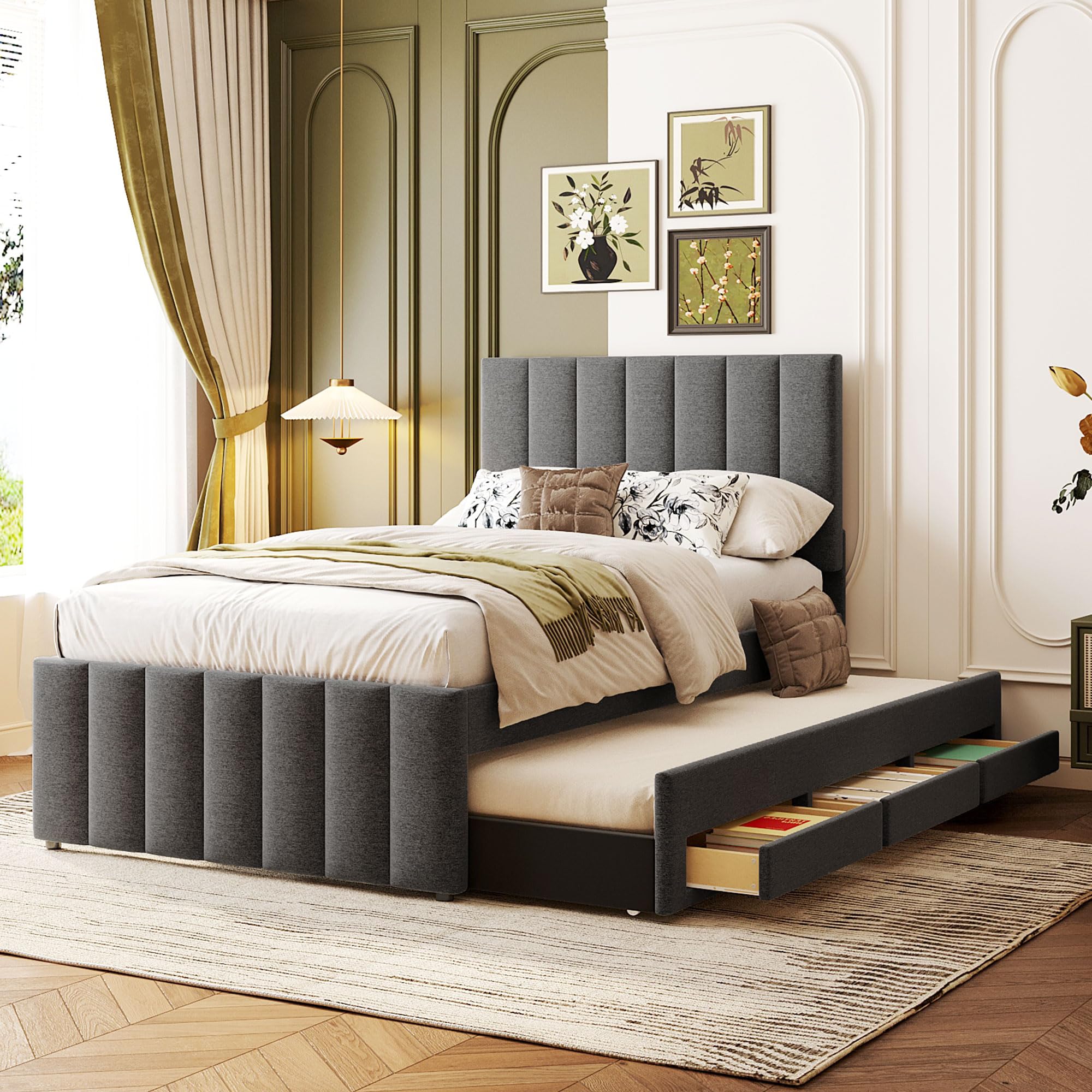 Photo 1 of ***SET NO COMPOLETE**** Merax Twin Size Bed Frame with Trundle and 3 Storage Drawers, Elegant Linen Upholstered Platform Bed with Stripe Headboard for Bedroom, Small Spaces, Solid Wood Slats Support, Easy Assembly, Gray