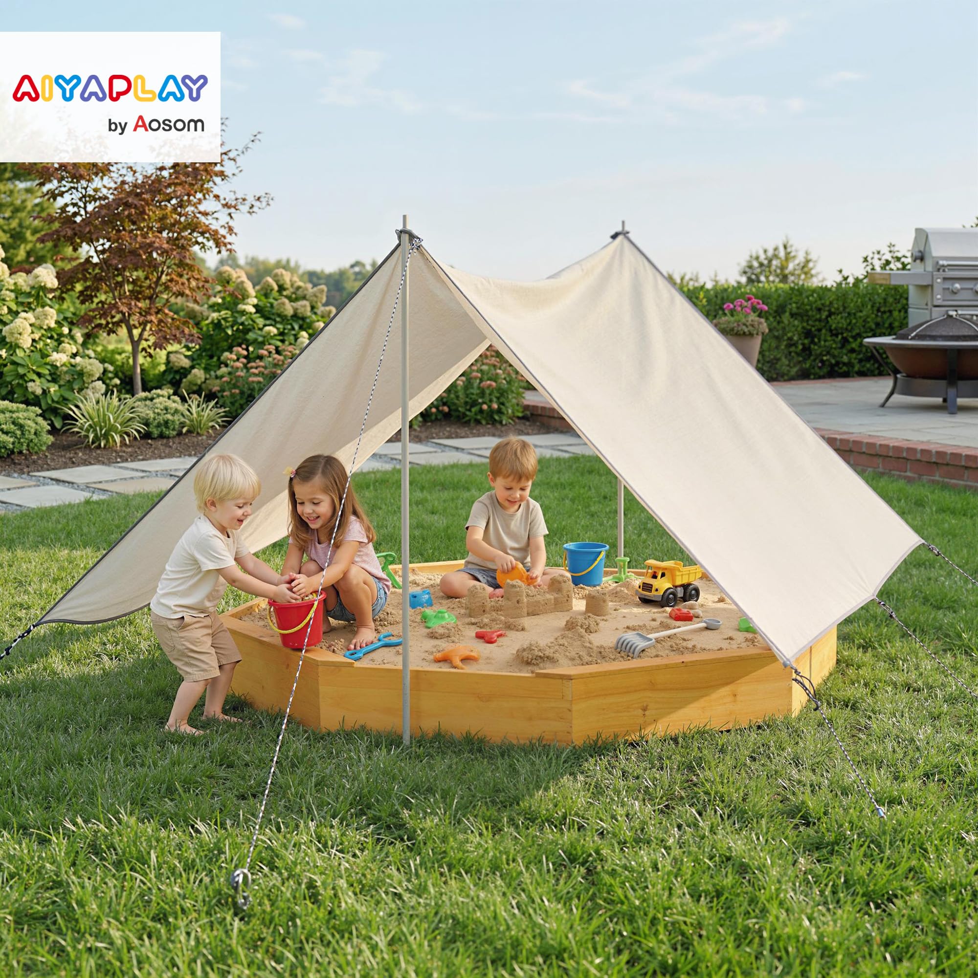 AIYAPLAY Bac à Sable en Bois avec auvent, bac à Sable Enfant extérieur avec 4 bancs, Doublure de Fond, Aire de Jeu extérieure pour 8 Enfants de 3 à 6 Ans, Jaune