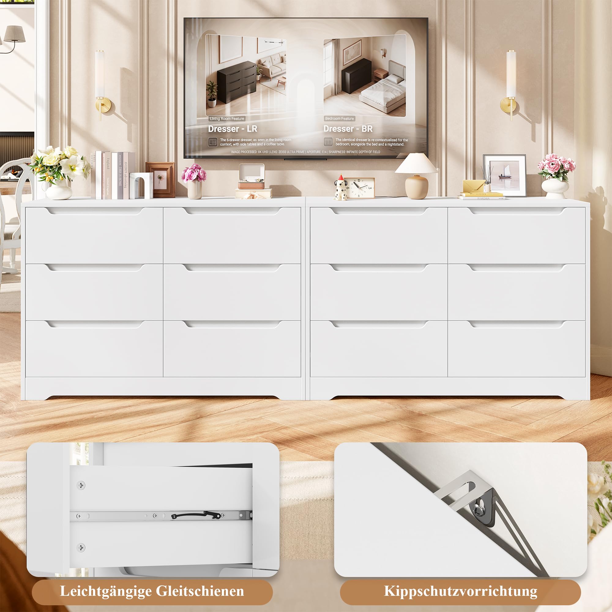 HOCSOK Kommode mit 6 Schubladen, Sideboard Schubladenschrank aus Holz, Kommode für Schlafzimmer, Wohnzimmer, Flur, Modern, 108 x 82,5 x 39 cm
