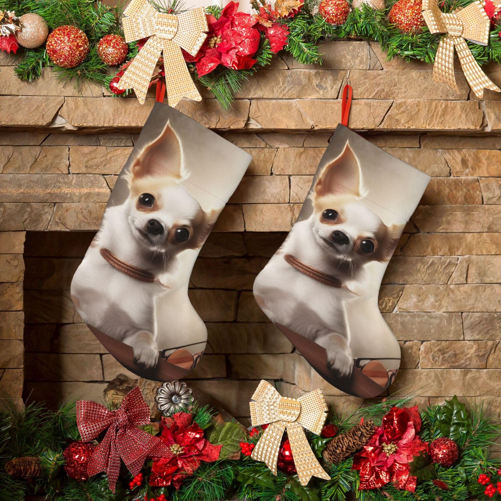 Cute Chihuahua Christmas Stockings 18 Inches Velvet Xmas Fireplace Hanging Stocking Rustic Christmas Santa Stockings for Home Christmas Decorations Party Favor Supplies