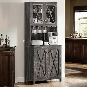 DWVO 67" Wine Bar Cabinet with Glass Doors & Wine Rack, Farmhouse Coffee Bar Cabinets with Open Shelves, Freestanding Storage for Living & Dining Room, Dark Rustic Oak
