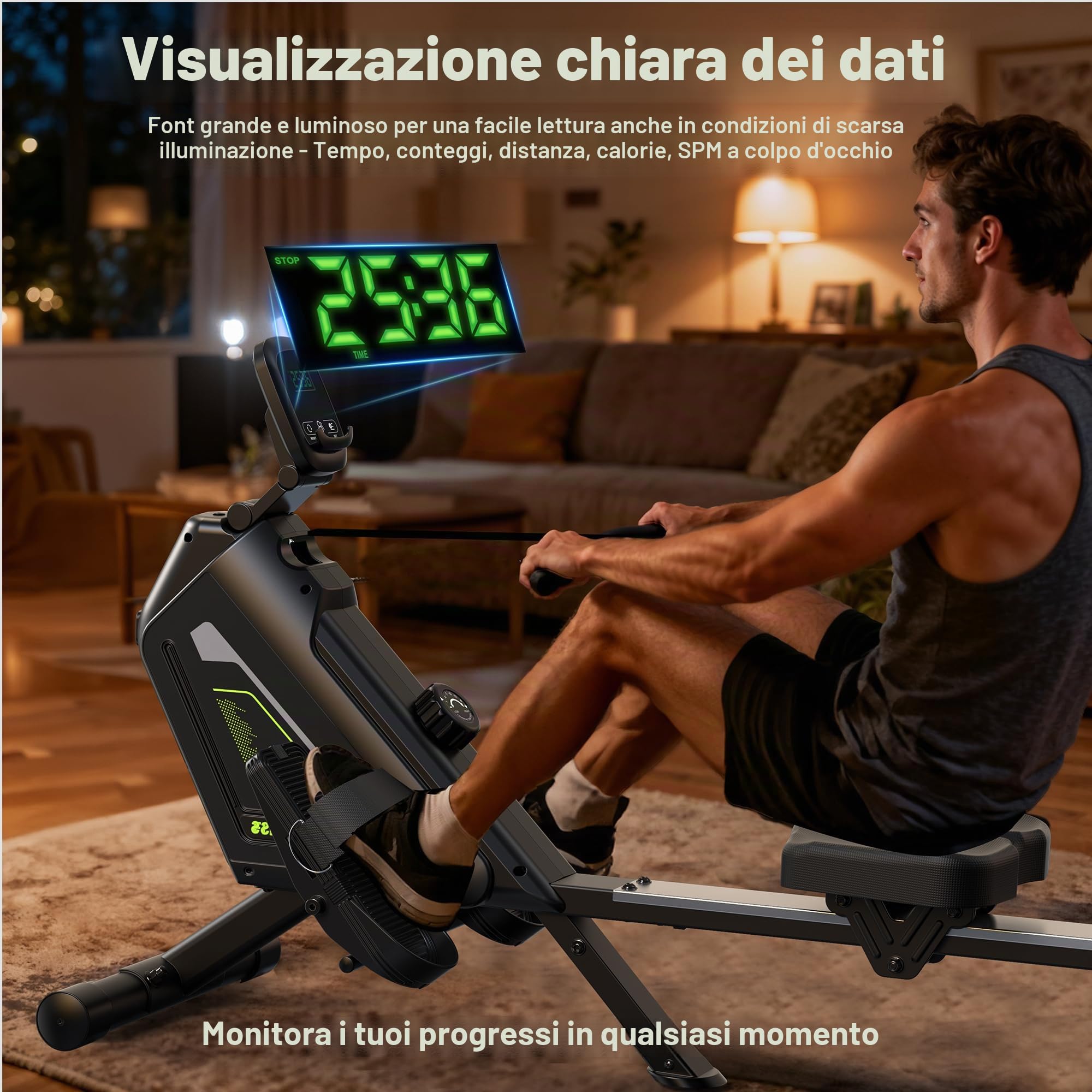 Vogatore domestico - 16 livelli di resistenza, vogatore magnetico silenzioso con app, portata 160 kg, facile da montare, compatto e salvaspazio