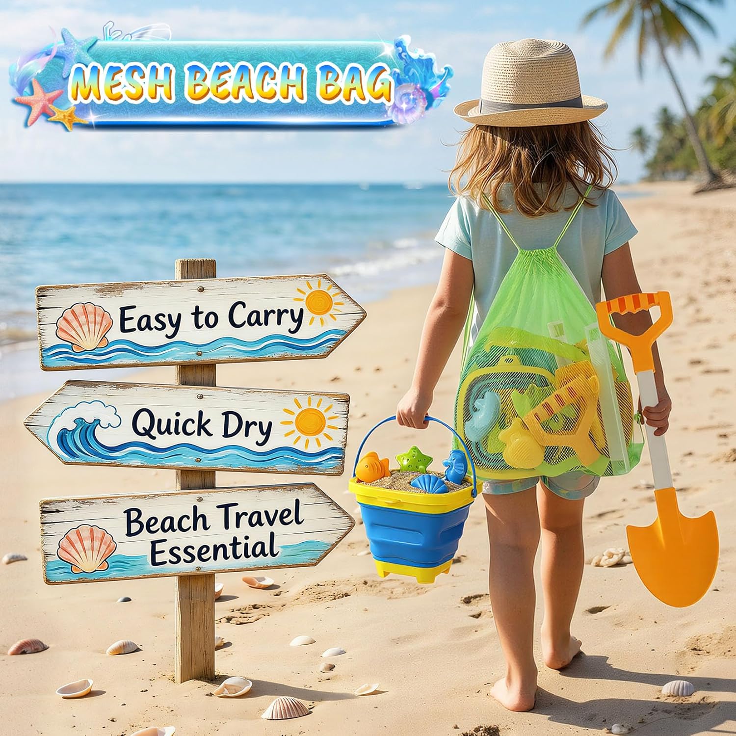 Beach Sand Toys for Kids, Sandbox Toys with Collapsible Bucket Sand, 2 Dump Truck, Dinosaur Molds, Castle Building Kit, Shovel Sieve,Flags,Mesh Bag Travel Beach Toys for Toddler 3-10