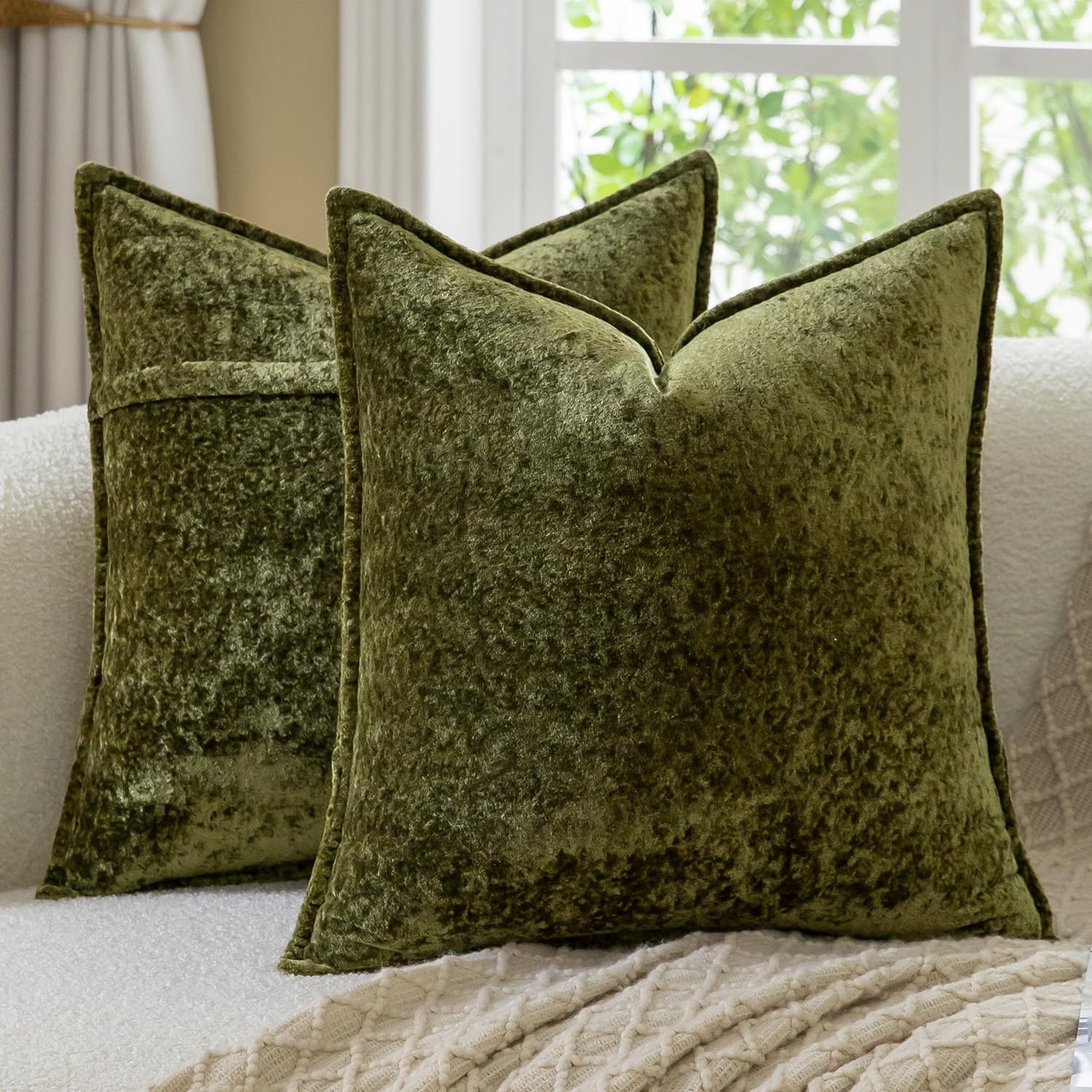 Madizz Decorative Vintage Chenille Cushion Covers Pack of 2 Plaid Couch Pillows Neutral Boho Farmhouse Euro Sham Covers Home Decor for Couch Sofa Bedroom Living Room 60x60 CM, Moss Green