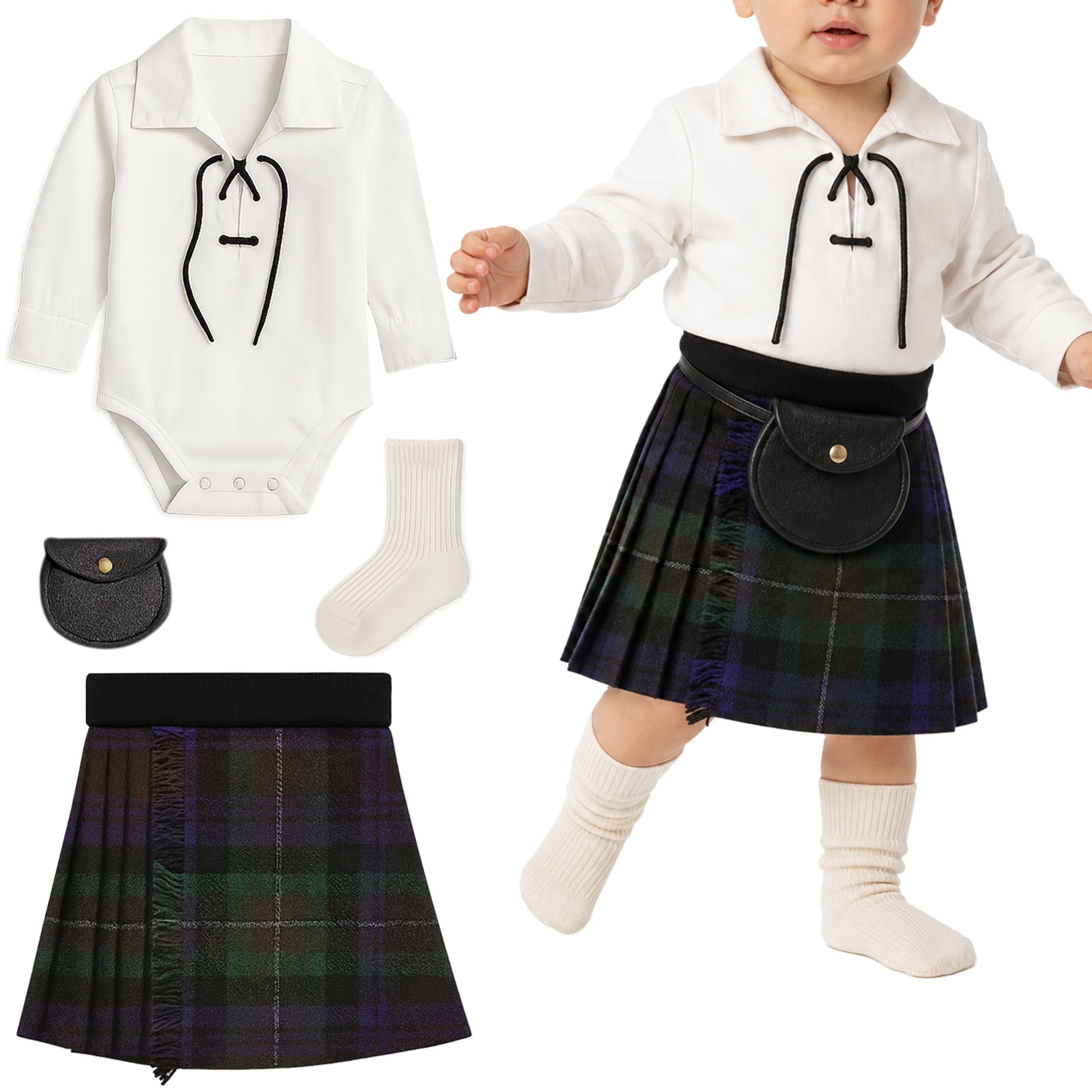 BRAW CLANS TARTANS Baby Kilt Outfit for 6-12 Months, Ghillie Shirt, Sporran & kilt hose - Traditional Scottish Isle of Skye Tartan Gift for baby