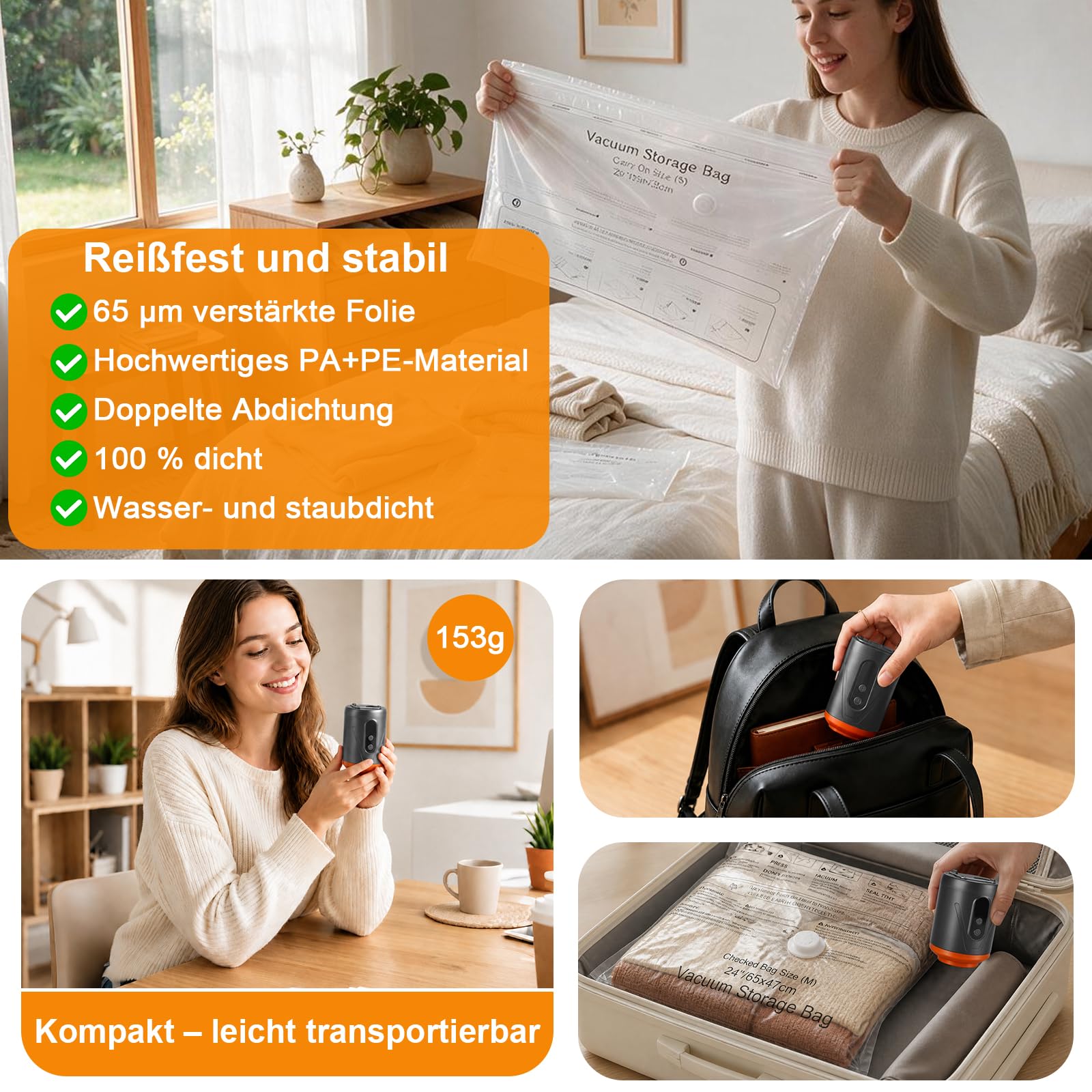 AIMAX Vakuumbeutel für Kleidung mit Kabellose Vakuumpumpe, 2 Saugstufen-4.000 Pa & 20.000 Pa Saugkraft, 16 Stück (8 * 42x55cm, 6 * 65x47cm, 2 * 74x54cm), Speziell für Reisen und Kofferorganisation