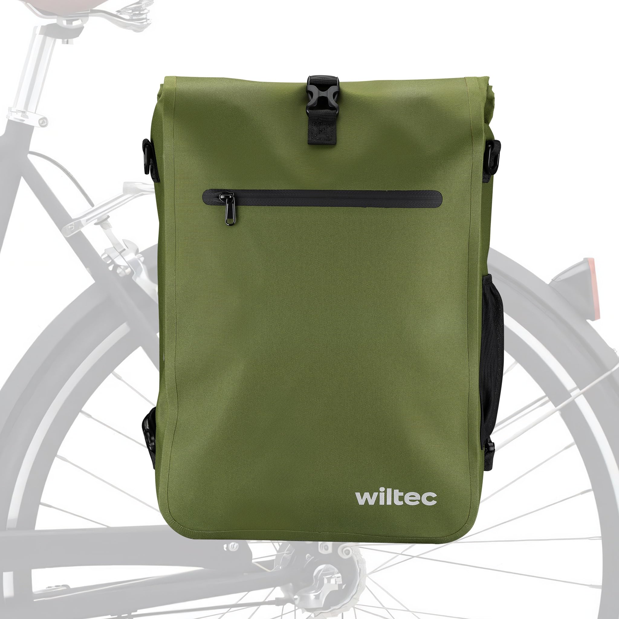 Wiltec Borsa per bici 3in1 25 l verde oliva, impermeabile, montaggio al portapacchi posteriore, scomparto laptop, elementi riflettenti