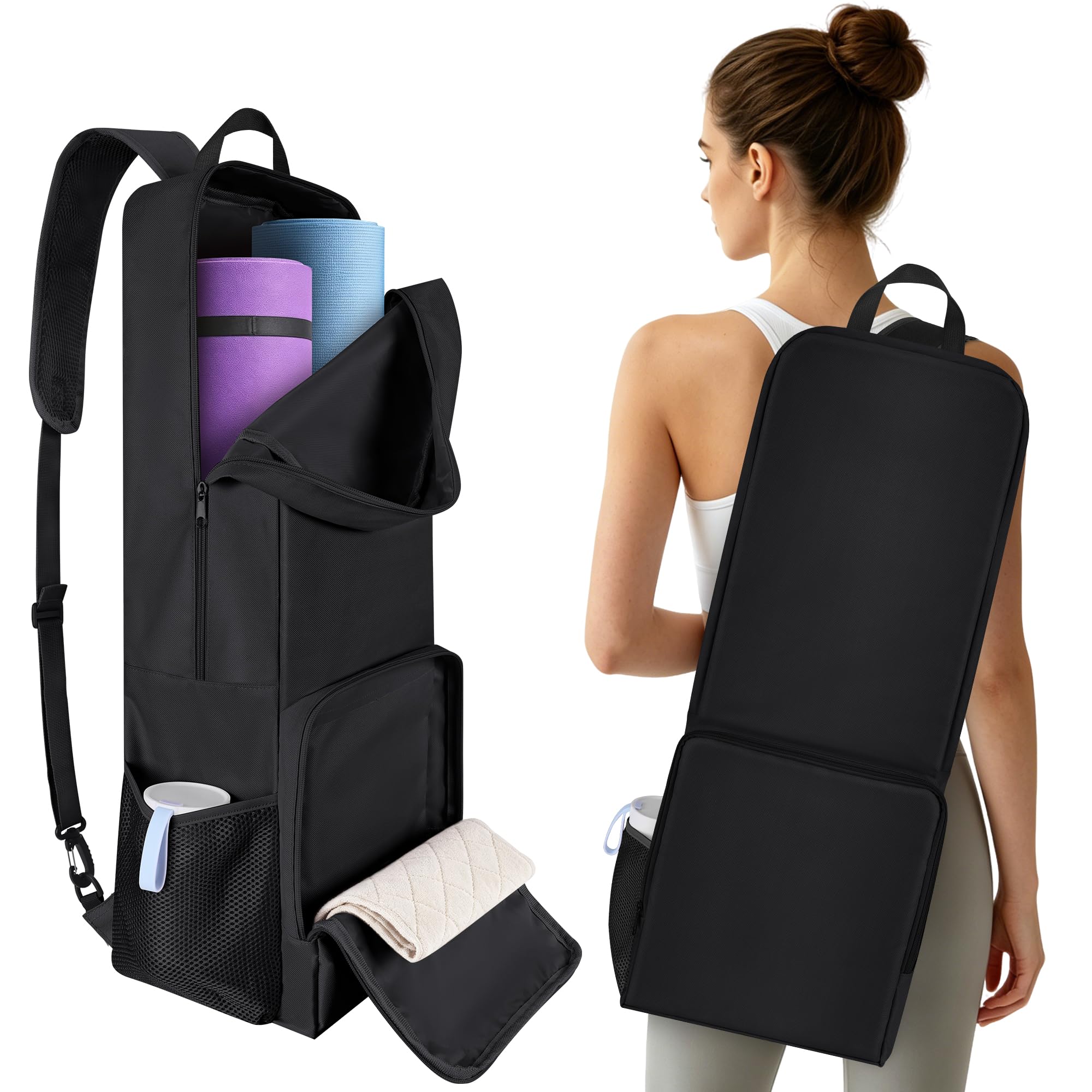 INFANZIA Yoga Mat Carrier Bag, Large Capacity Yoga Tote with Side Pocket/Wet Compartment, Long Pilates Bag with Adjustable Strap for Women & Men, Durable & Waterproof
