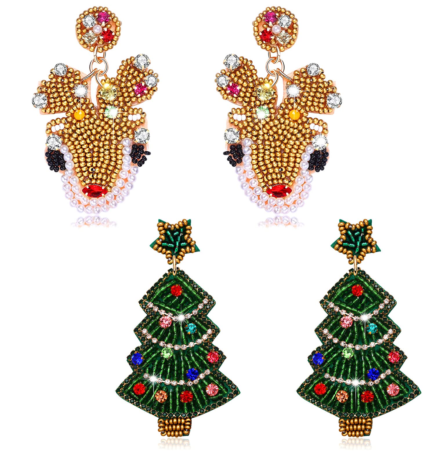 PHALINChristmas Earrings for Women Beaded Christmas Tree Earrings Rhinestone Snowflake Reindeer Dangle Earrings Festive Holiday Earrings Costume Party Jewelry Gifts