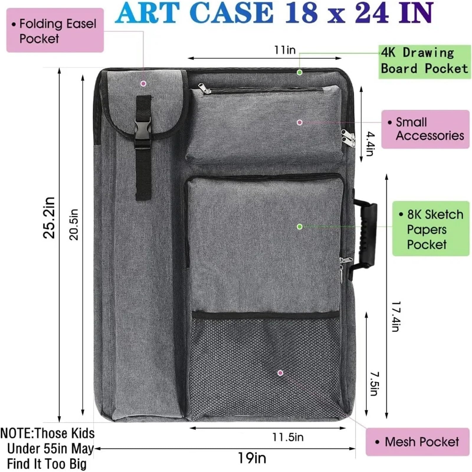 Portafolio de Arte de 45 x 61 cm con Mochila y Bolso de Mano, tamaño Mediano. para Almacenar Carteles, Obras De Arte(Grey)
