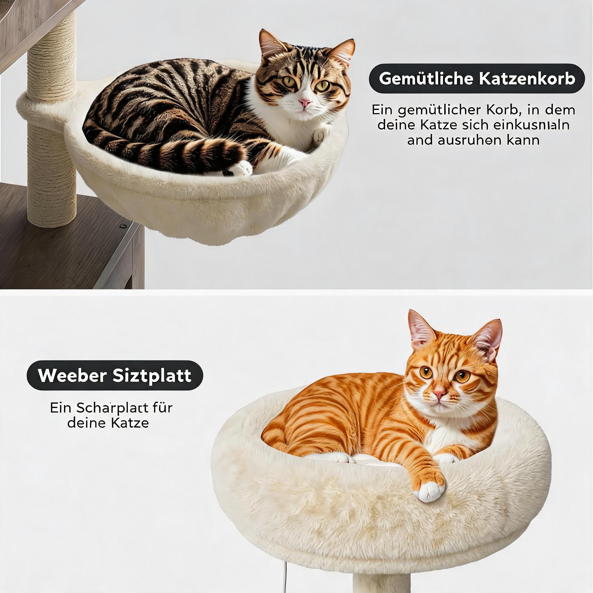 Kratzbaum mit Katzenklo Schrank, mehrstöckiger Katzenbaum aus Holz mit Sisalstämmen, Katzenkratzbaum mit Plüschbälle, kuschelige Hängematte, Versteckte Katzentoilette, Grau