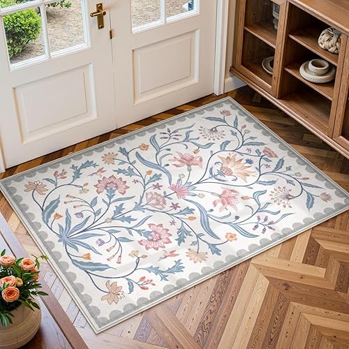 Lahome Alfombras de baño pequeñas bohemias con estampado floral de 2 x 3 pulgadas, antideslizantes, lavables, grisbeige, alfombra suave para