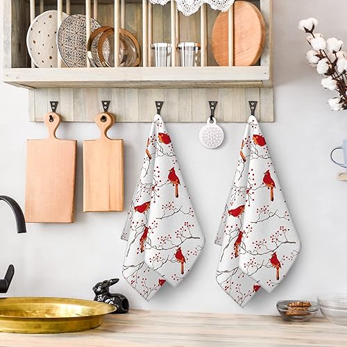 Miniatura 5 de Bapcoku Toallas de cocina con diseño de pájaro cardenal, bayas rojas, para decoración navideña, paños absorbentes con lazo para colgar, toallas de
