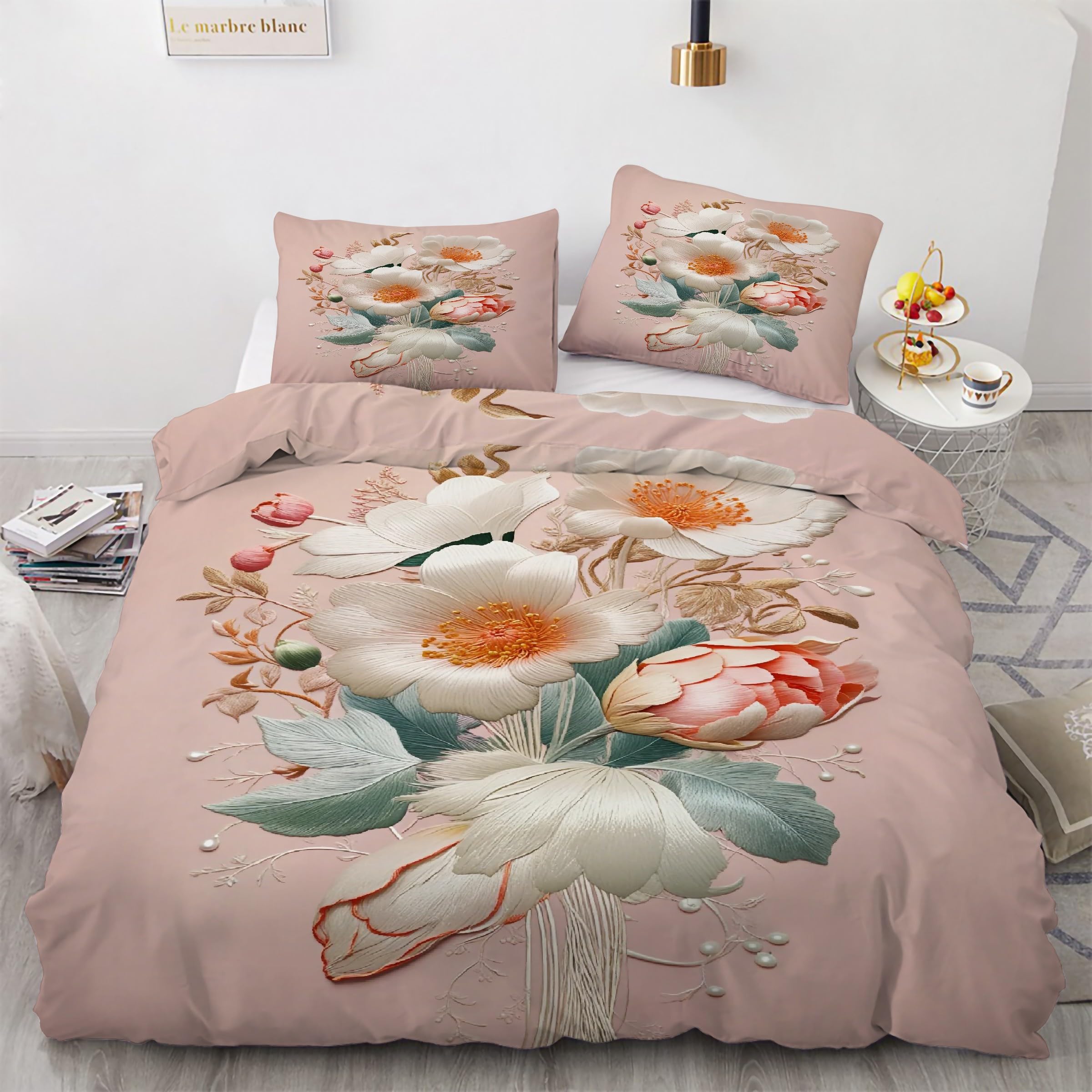 Parure de lit fleurs avec housse de couette 160x200 cm en microfibre et 2 taies d'oreiller