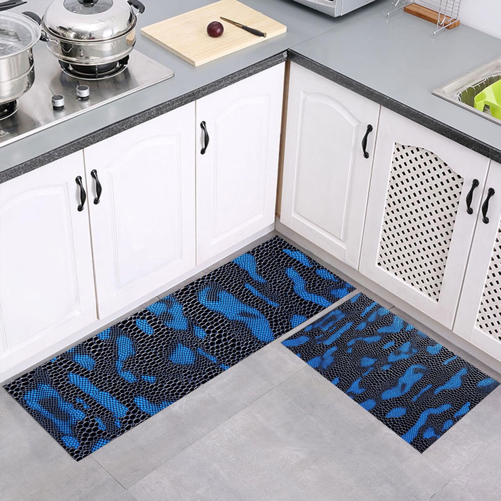 Tapis de cuisine antidérapant pour couloir et cuisine bleu noir motif serpent abstrait