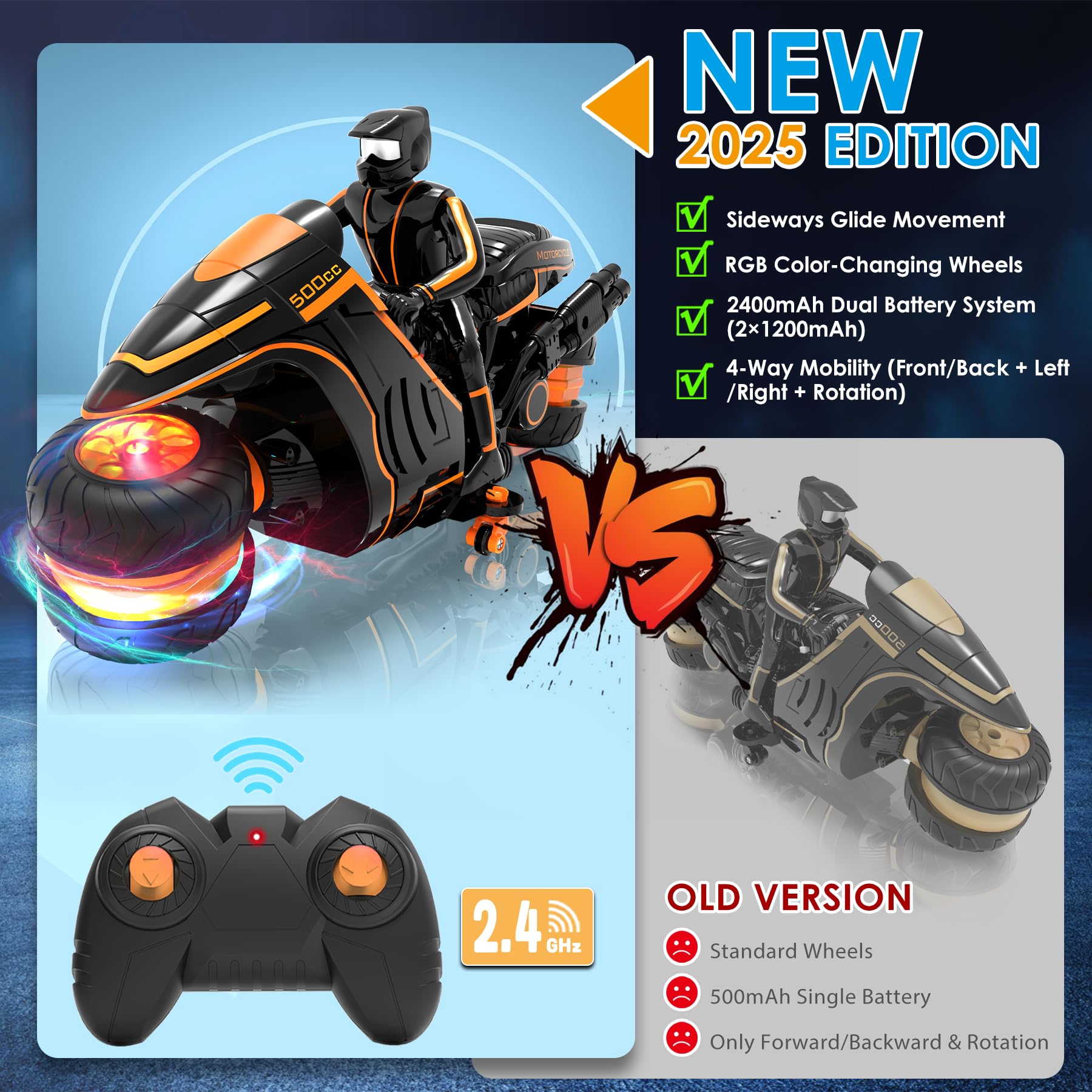 Motocicleta de control remoto con luces RGB y deslizamiento lateral exclusivo | Listo para jugar con 2 baterías | Bicicleta de acrobacias RC de 2.4 GHz Regalo para niños de 5 a 12 años 2