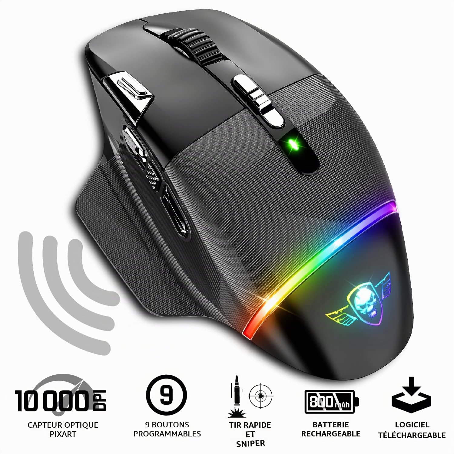 Spirit Of Gamer XPERT M800, Souris Gamer Sans Fil Rechargeable, 9 Boutons Programmables, Capteur Optique 10 000 DPI, 11 effets de Rétroéclairage RGB, Souris Ergonomique avec Repose Pouce Pour PC Gamer