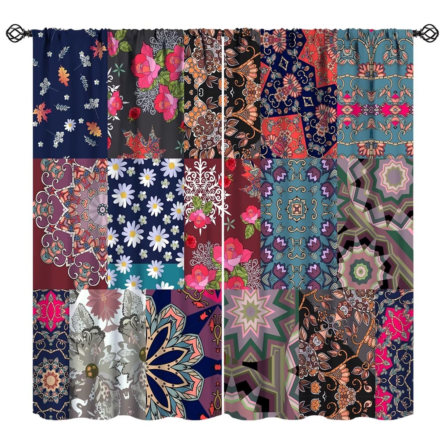 JESTRONRY Vintage Patchwork Floral Curtains, Patch Boho Flowers Rustic Splicing Design Fashion Print Treatment Fabric Living Room Bedroom Kitchen