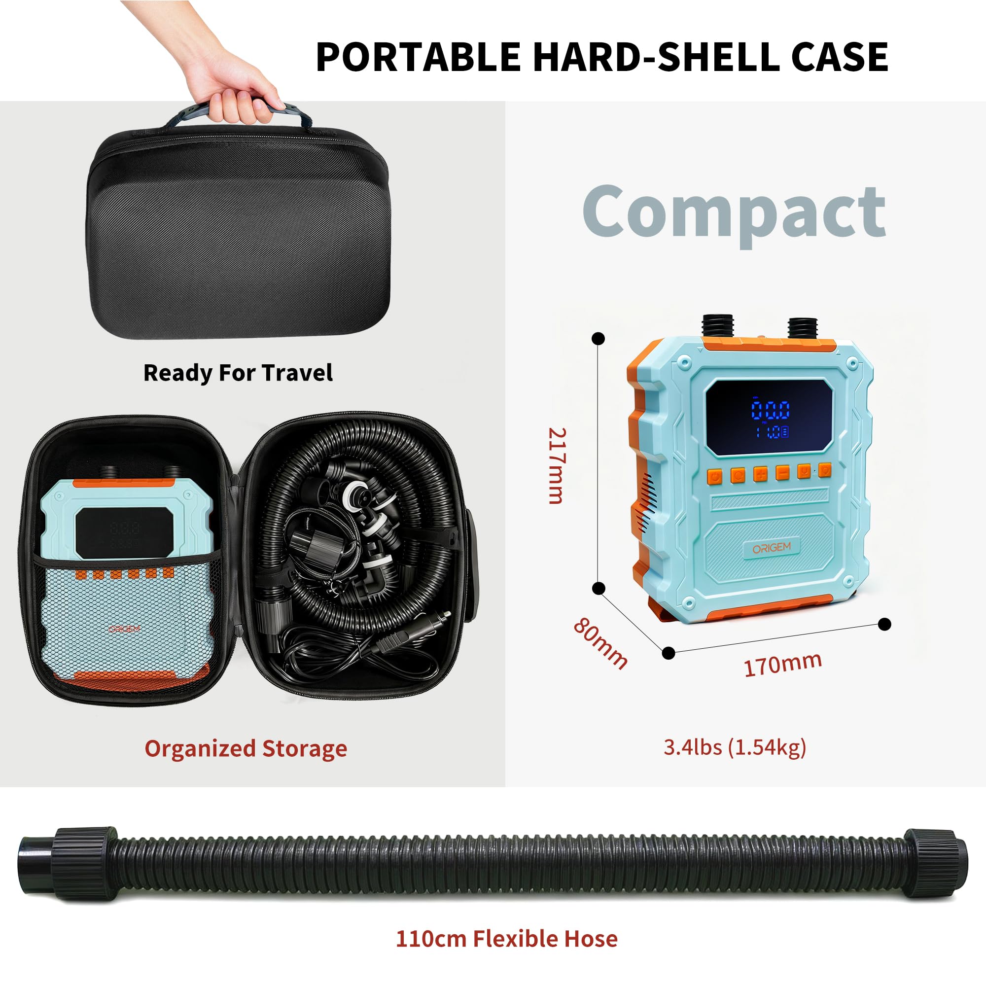 Origem 60PSI Pompa Elettrica SUP, 20800mAh Ricaricabile Gonfiatore Portatile per 6-9 SUPs, Compressore Aria per Pneumatici Auto Moto e Bici con 10 Ugelli per Paddleboard Gommoni Kayak Tende Materasso