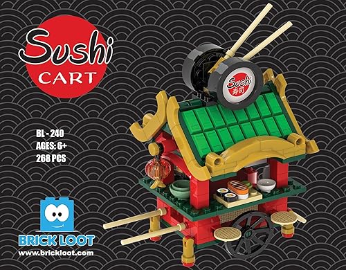 Miniatura 9 de Brick Loot Mini City - Juego de construcción de carrito de sushi, 268 piezas, modelo de camión de comida japonesa para niños a partir de 6 años