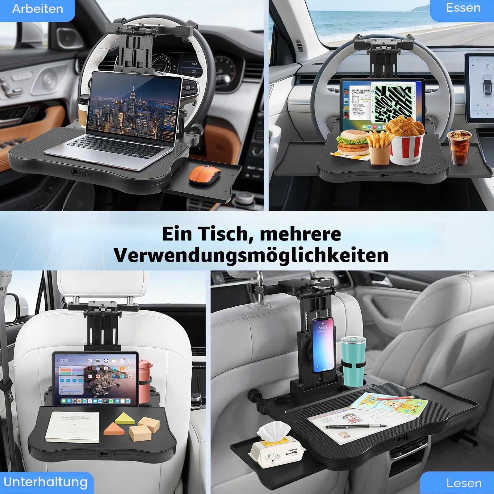 Autositz Tablett 20 kg, Auto Tisch für Rücksitz Beifahrer, 360° drehbarer Computertisch mit Rückenlehne, Getränkehalter, multifunktionaler Klapptisch, Klappbar Einstellbar