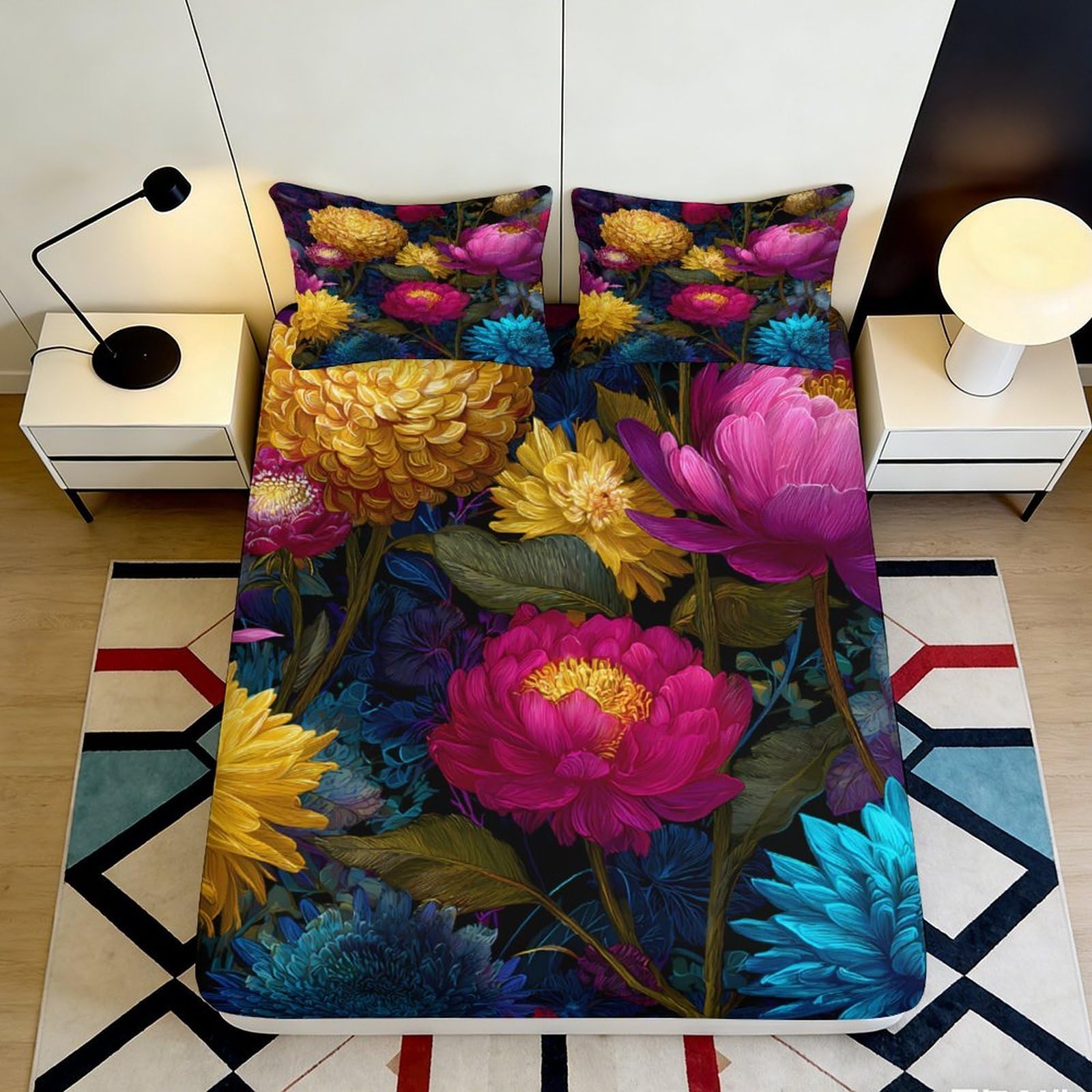 3D Printed Vibrant Floral Fitted Sheet Microfiber Soft Breathable Colorful Bloom Mattress Cover for Bedroom Dormitory Guest Room Mattress Protection Decor 140x200x25cm