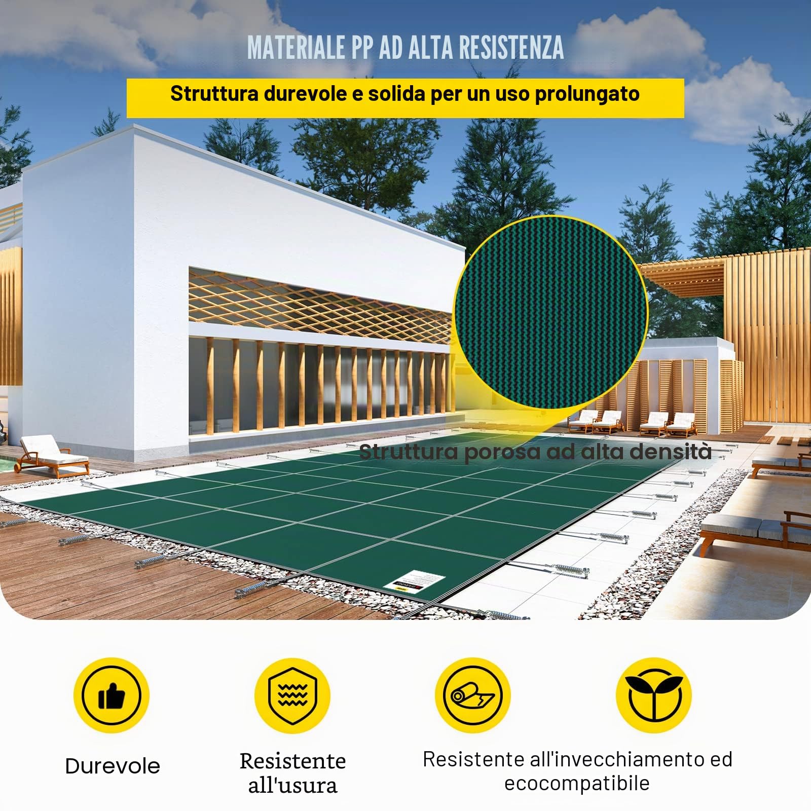 VEVOR Copertura di sicurezza per piscine interrate 4,3 x 7,9 m copertura di sicurezza in rete verde di dimensioni 4,9 x 8,5 m con strumenti di installazione per piscina invernale