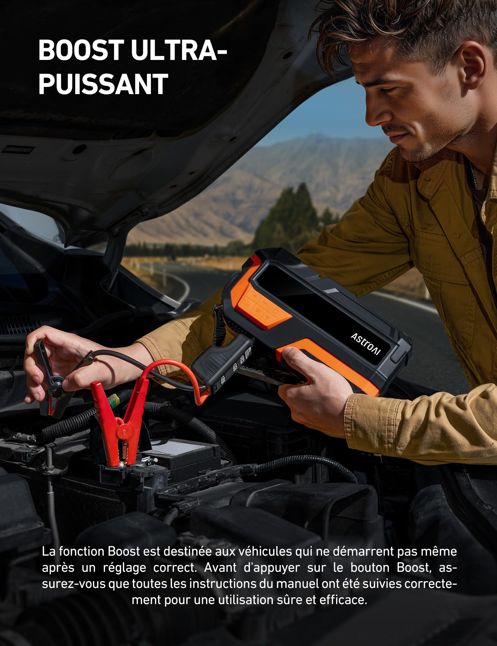 AstroAI Booster Batterie Voiture 6000A Démarreur avec Compresseur à Air | 150PSI 12V 10L Essence/8 L Diesel, Ecran LED Pinces de Sécurité Facilité d'Utilisation Compact pour Voitures Motos SUV Orange