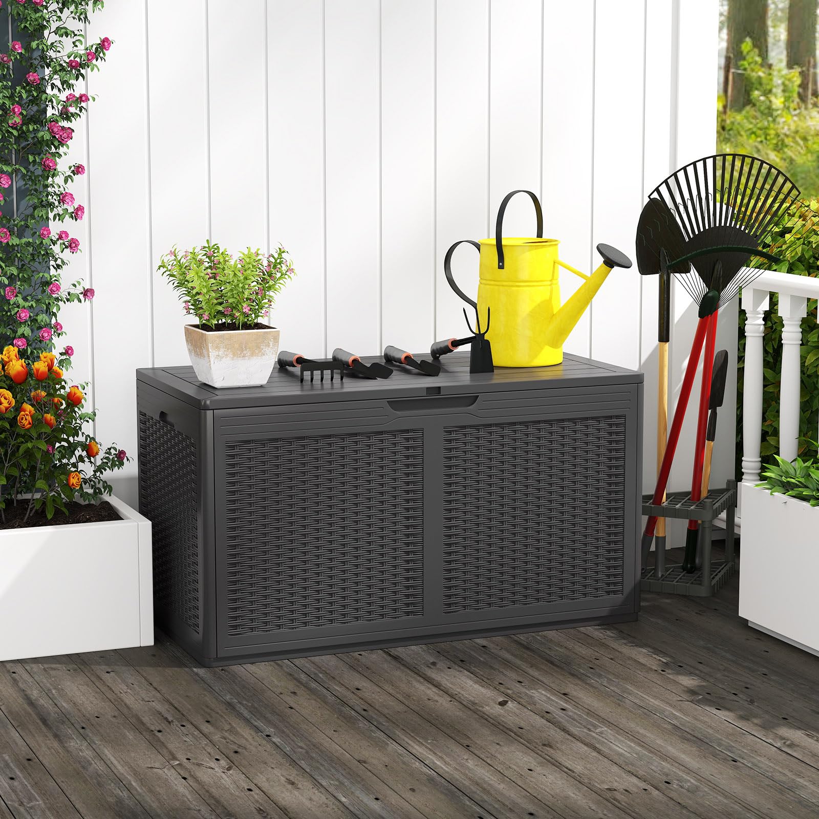 RELAX4LIFE 380L Cassapanca da Esterno, Contenitore da Patio Chiudibile a Chiave con 2 Ruote, Superficie in Finto Rattan, in Resina Impermeabile per Cuscini, Attrezzi (GRIGIO)