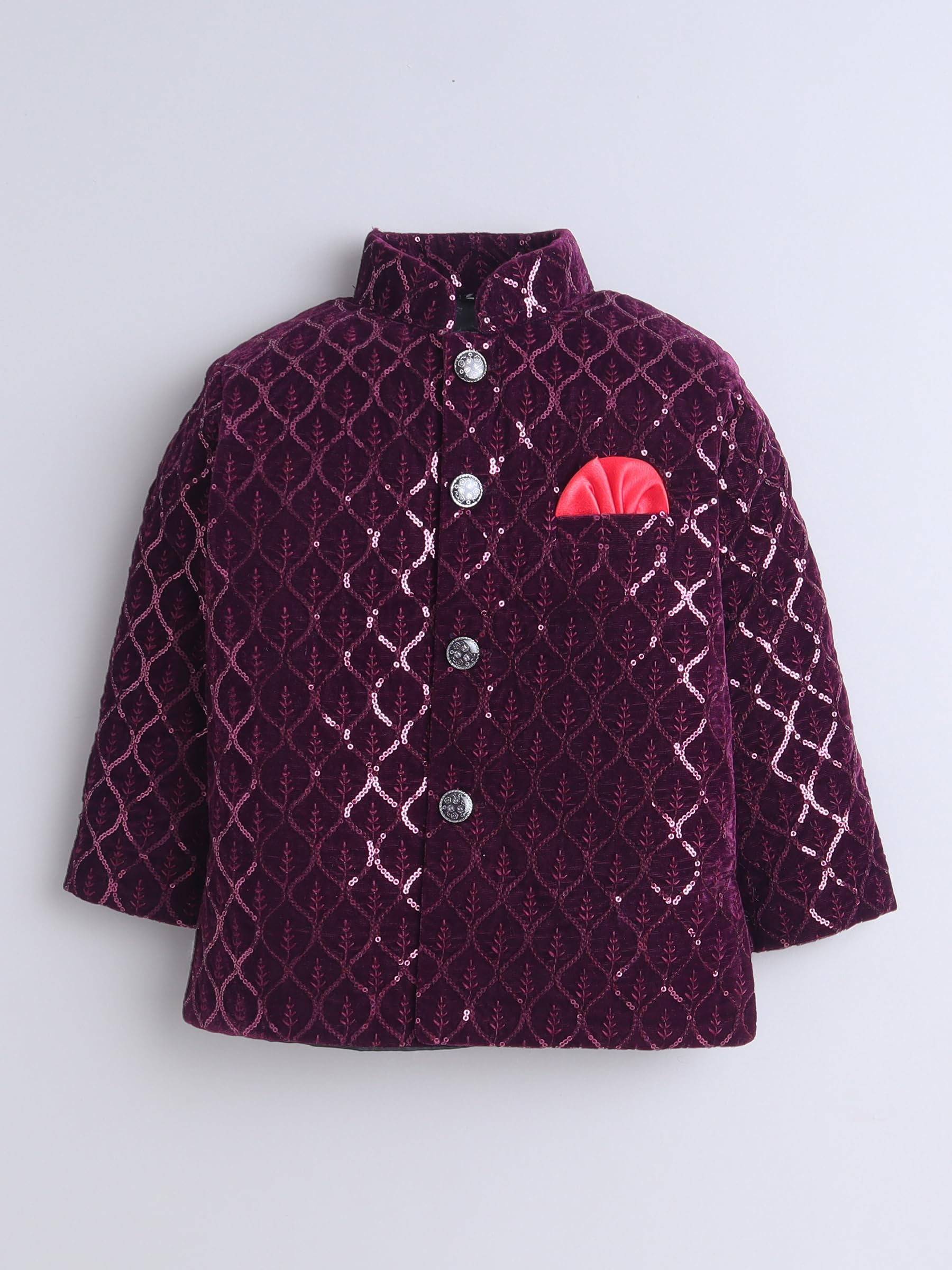 FOURFOLDS Boys Velvet Leaf Motifs Sequined Jodhpuri Blazer & Trouser Set- Wine 2
