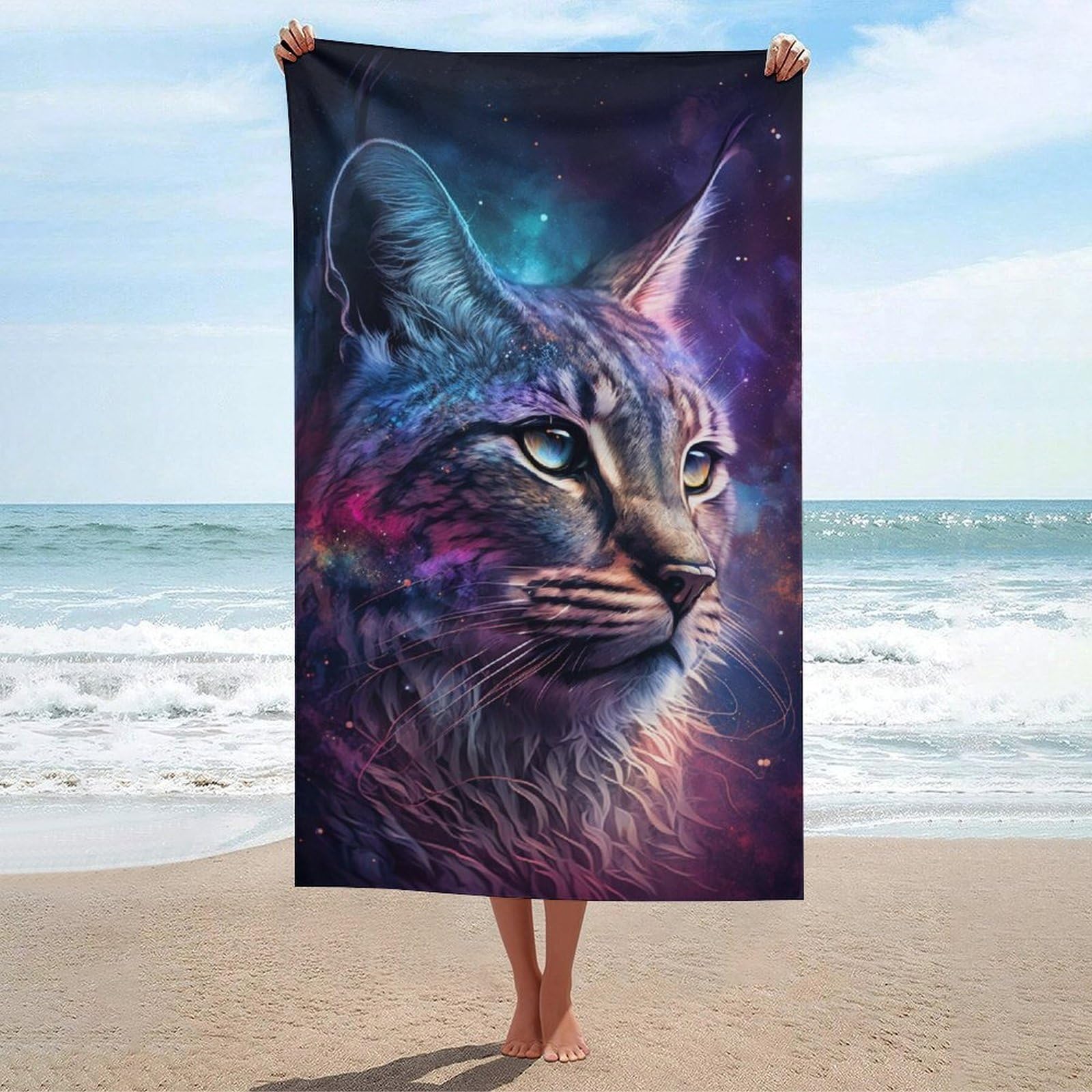 Serviette de plage anti-encombrement ultra-absorbante au motif chat cosmique