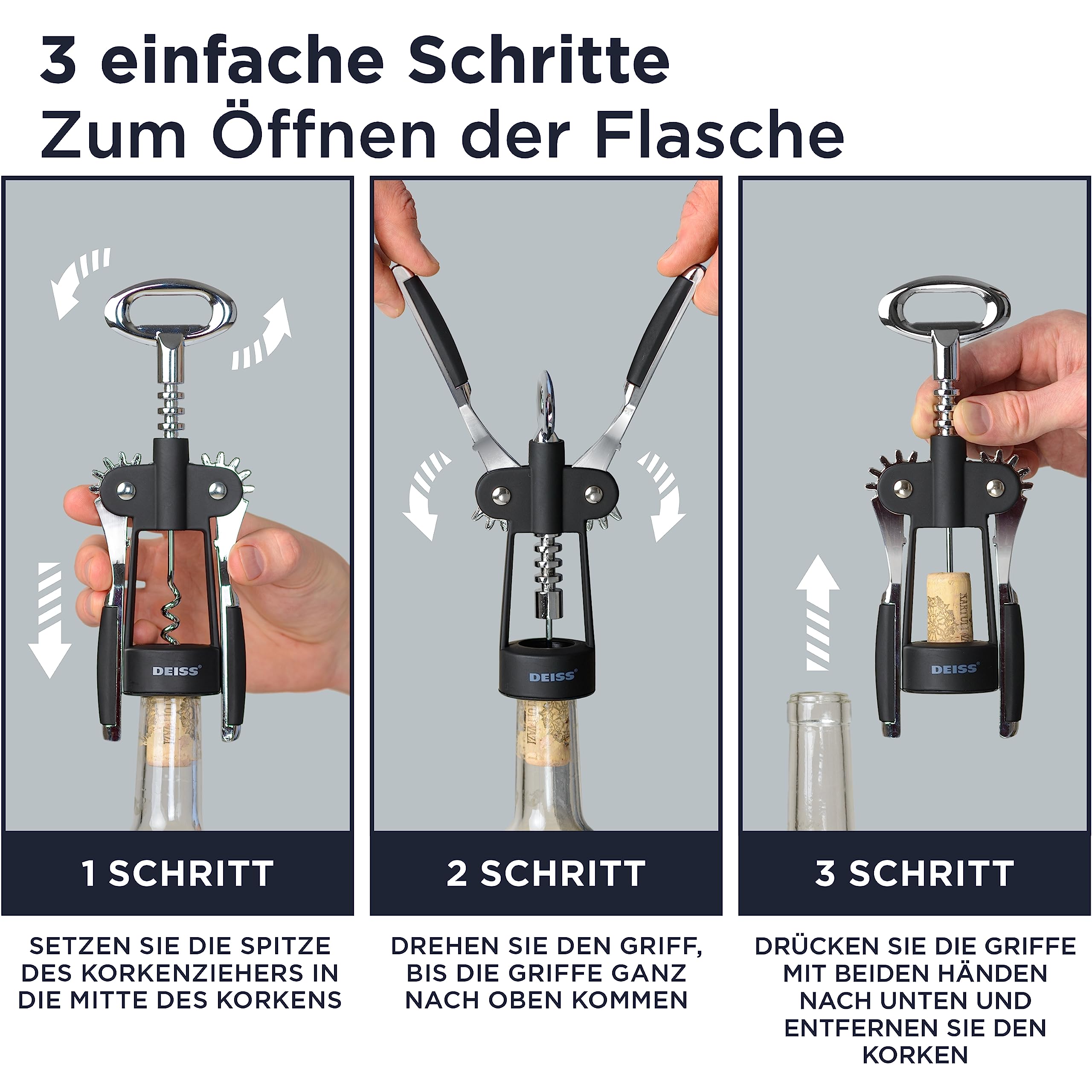 Deiss PRO Wing Korkenzieher-Weinöffner – 2-in-1-Weinkorkenzieher und Bieröffner – Die einfachste Art, Weinflaschenkorken zu öffnen – Zuverlässiger und stabiler Weinöffner – Weinflaschenöffner