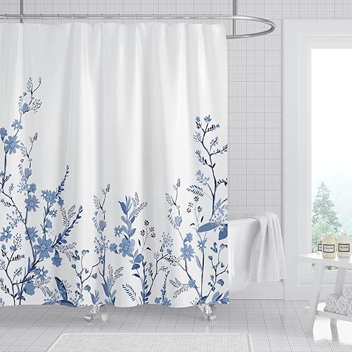 Cortina de ducha de tela azul para baño con 12 ganchos, hojas florales, impermeable, texturizada, juego de cortina de ducha para hotel y hogar, 72 x