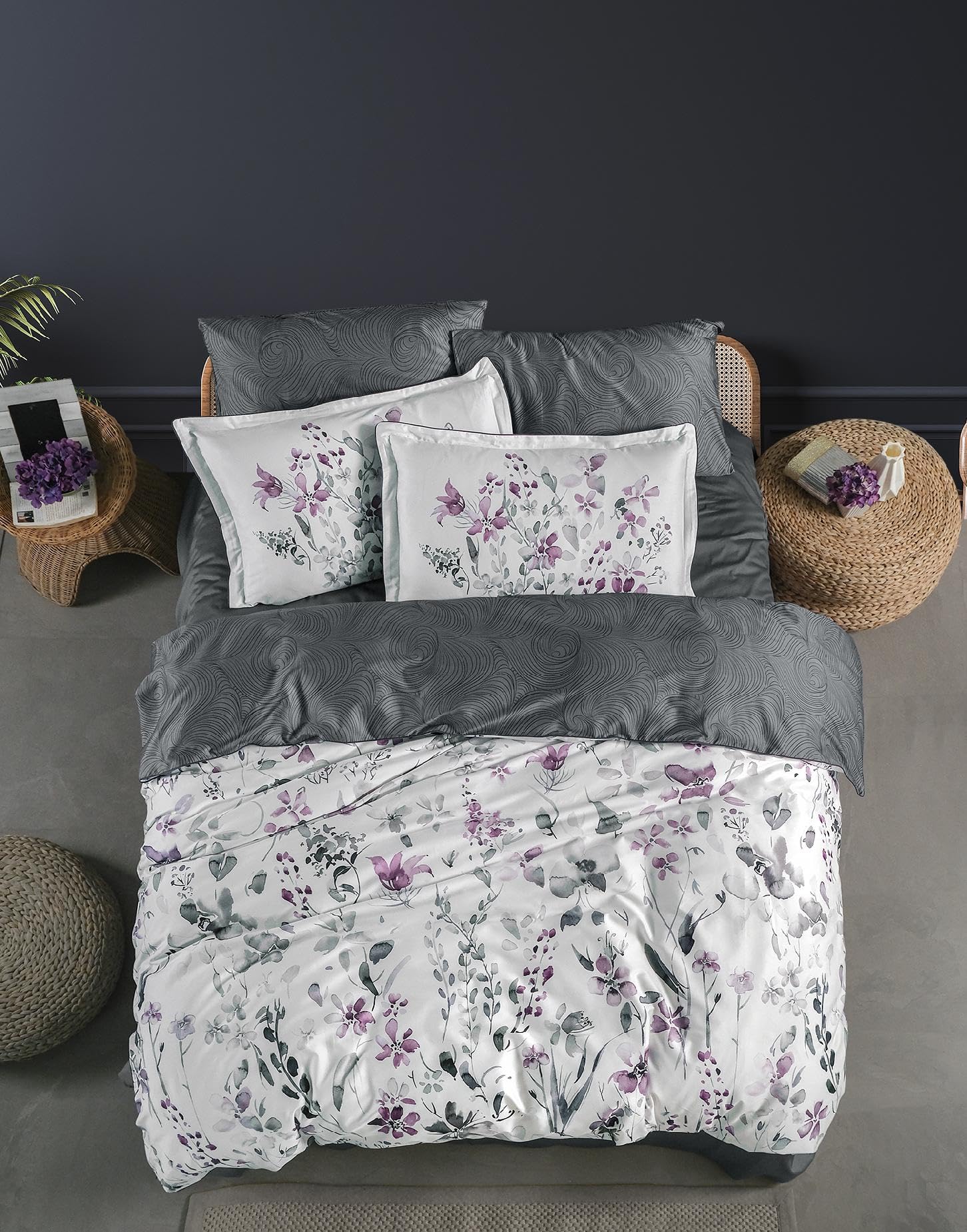 Housse de couette 100% coton satin Story Home parure de lit luxe Visby Grey 300 TC