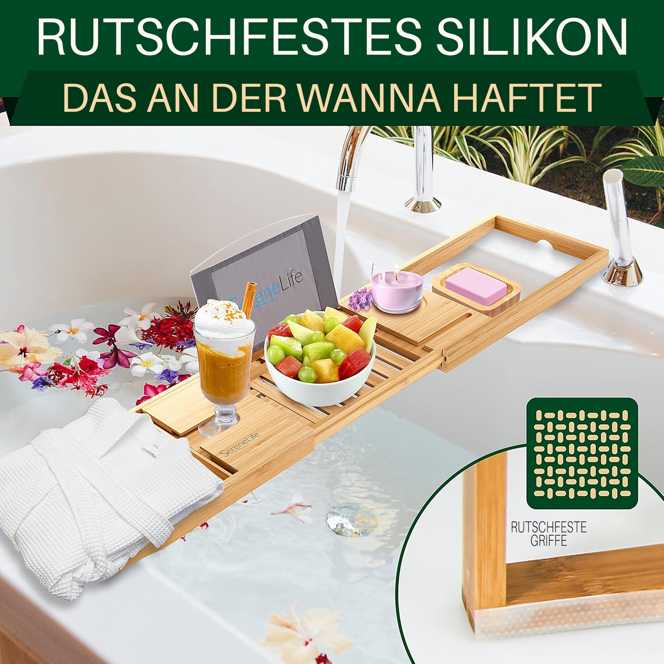 SereneLife Badewannenbrett Bambus Natur  Ausziehbares Tablett mit  Geschenkbox rutschfeste Badewannenablage Wellness Zubehr aus Holz fr  Bcher, Wein, Snacks & Selfcare : Amazon.de: Drogerie & Krperpflege